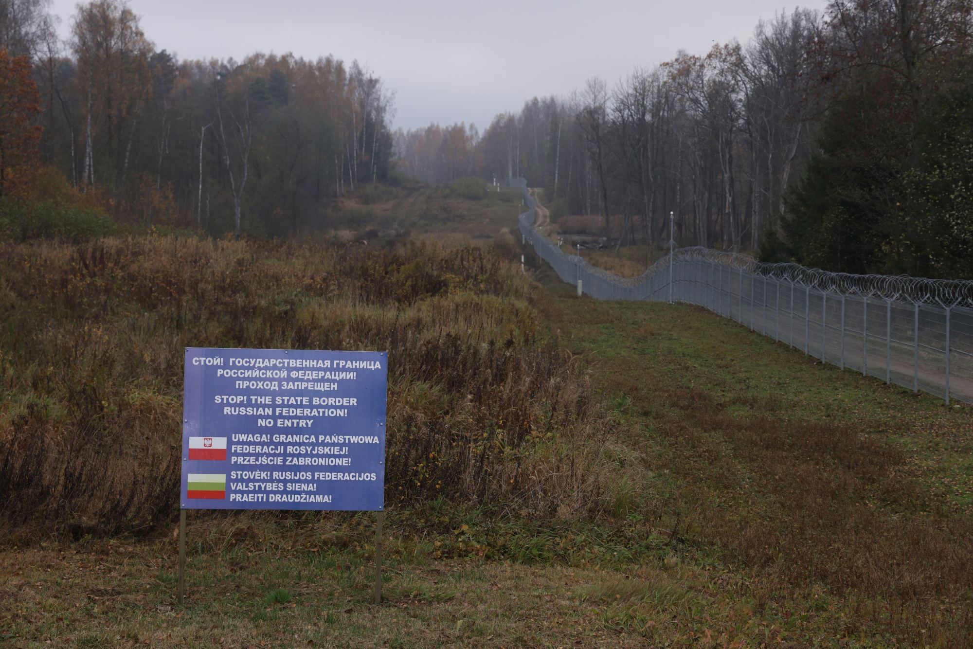 &nbsp;A warning sign on the Russian side near the point where the borders of Poland, Lithuania and Kaliningrad meet.
