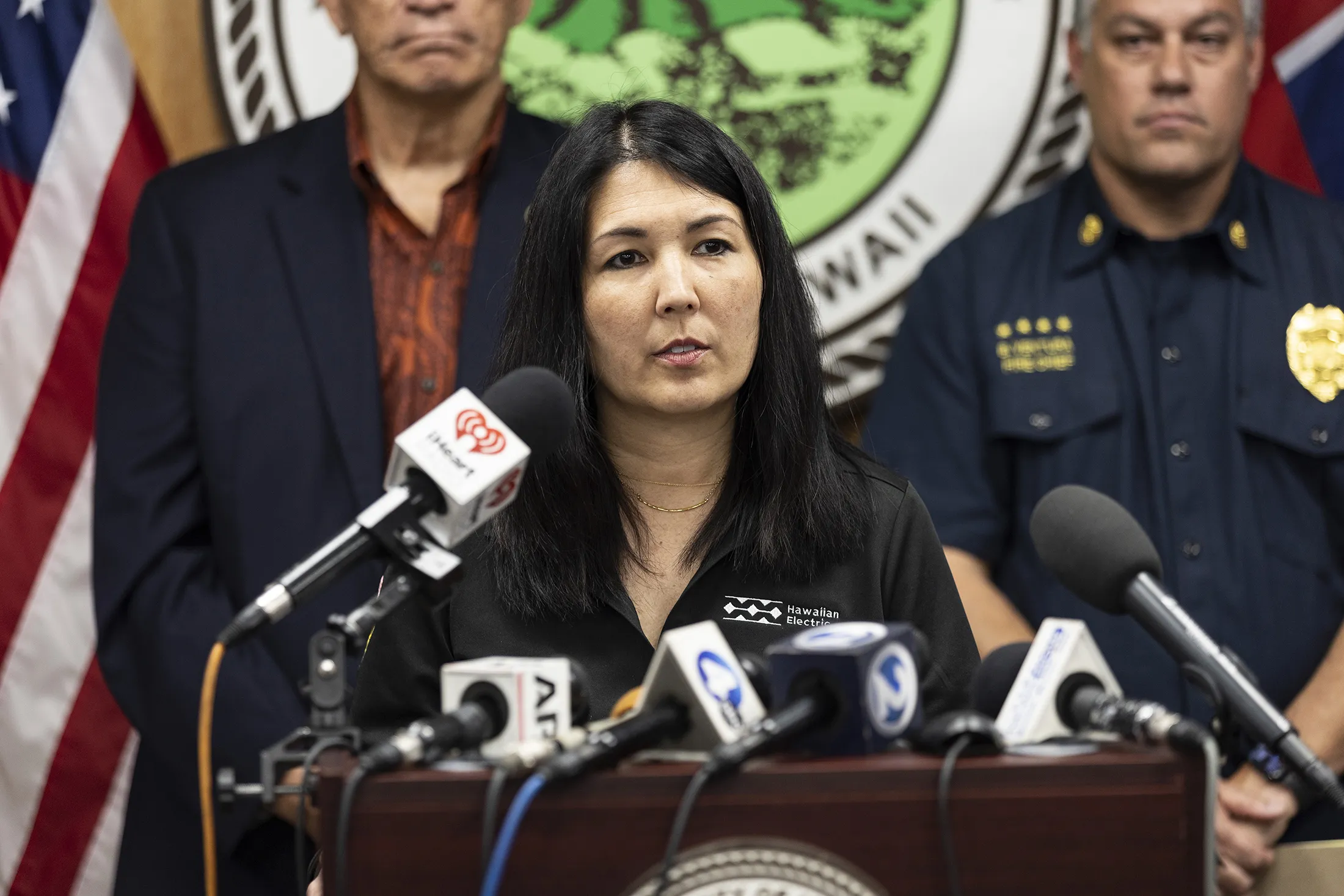Shelee Kimura delivers a speech during a press conference following the deadly wildfires in Kahului, Hawaii, on Aug. 14.