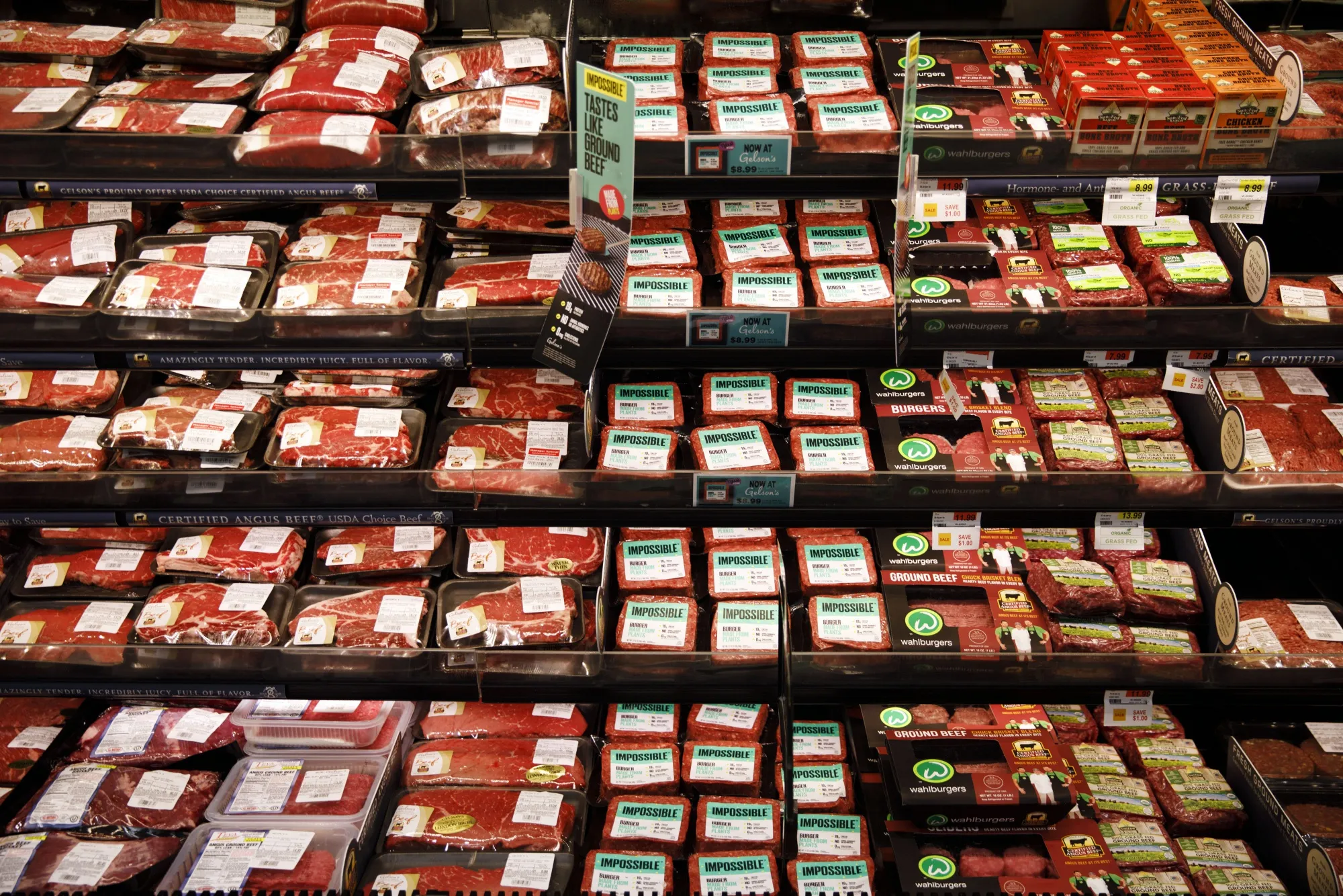 Packages of beef&nbsp;for sale alongside Impossible Burger plant based meat&nbsp;in Los Angeles, California.