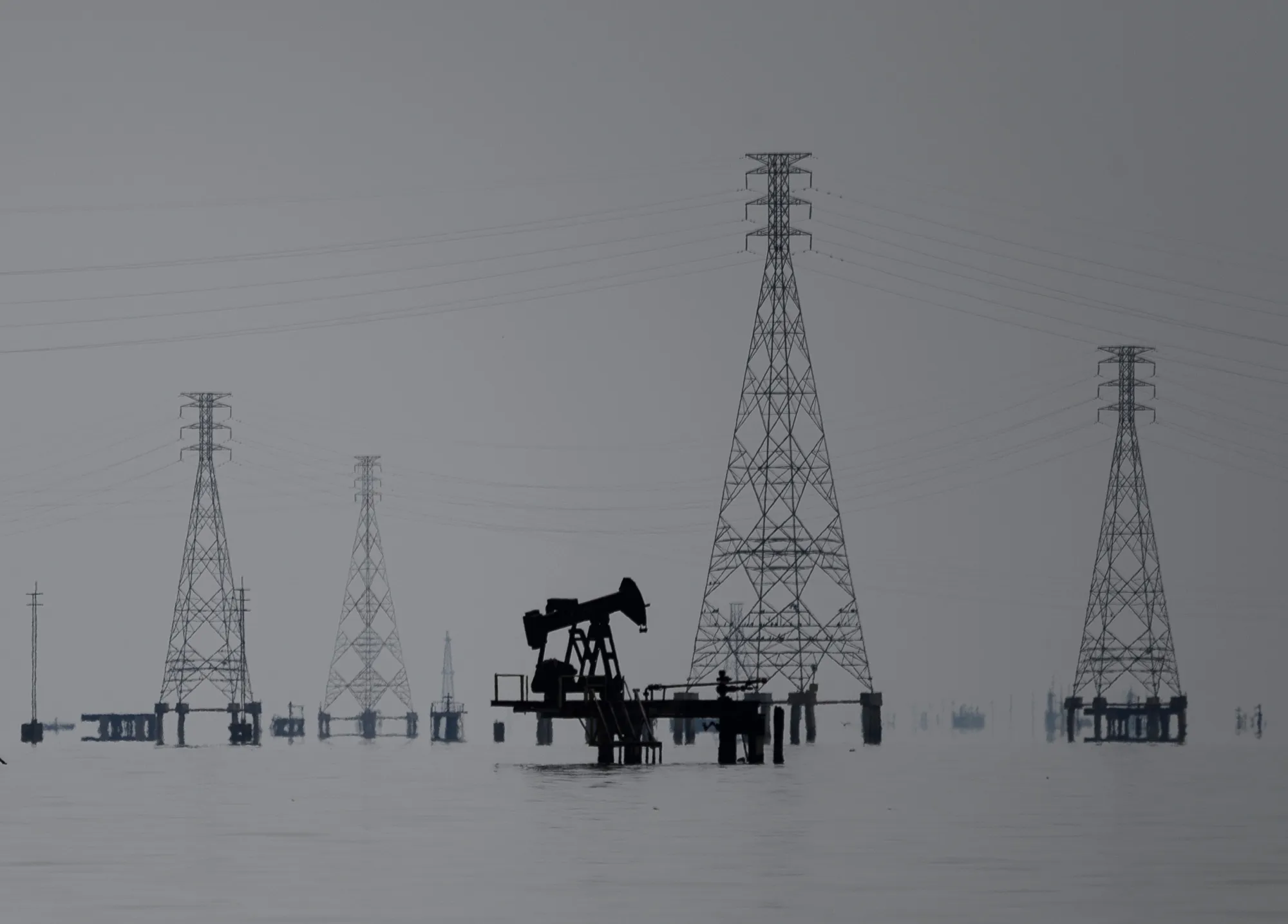 Oil rigs on Lake Maracaibo in Cabimas, Zulia state, Venezuela.