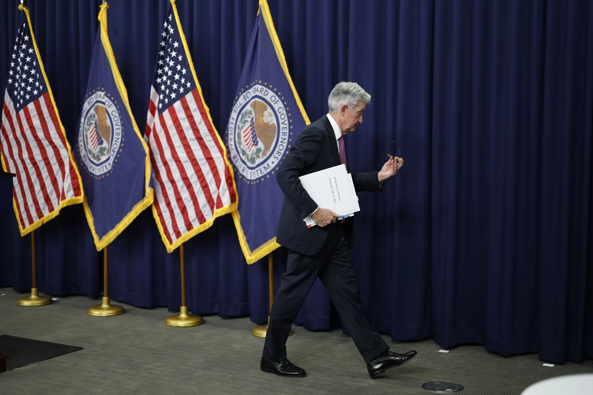 Jerome Powell departs from a news conference following the FOMC&nbsp;meeting in Washington, D.C., on&nbsp;July 27.
