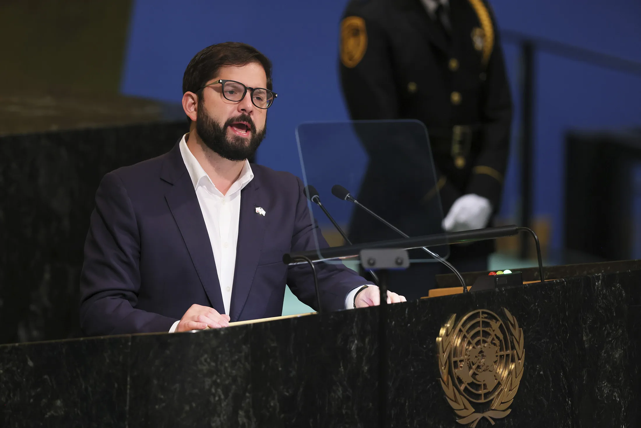 Gabriel Boric speaks during the United Nations General Assembly on Sept. 20.