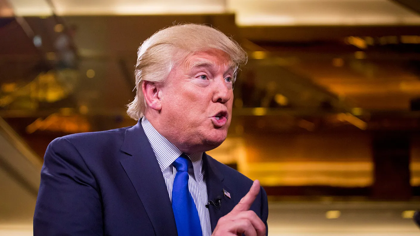 Donald Trump, president and chief executive officer of Trump Organization Inc. and 2016 Republican presidential candidate, during an interview on Bloomberg Television's "With All Due Respect" at the Trump Bar of the Trump Tower in New York, U.S., on Wednesday, Aug. 26, 2015.
