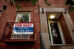 A "For Rent" sign outside an apartment building in the East Village neighborhood of New York.
