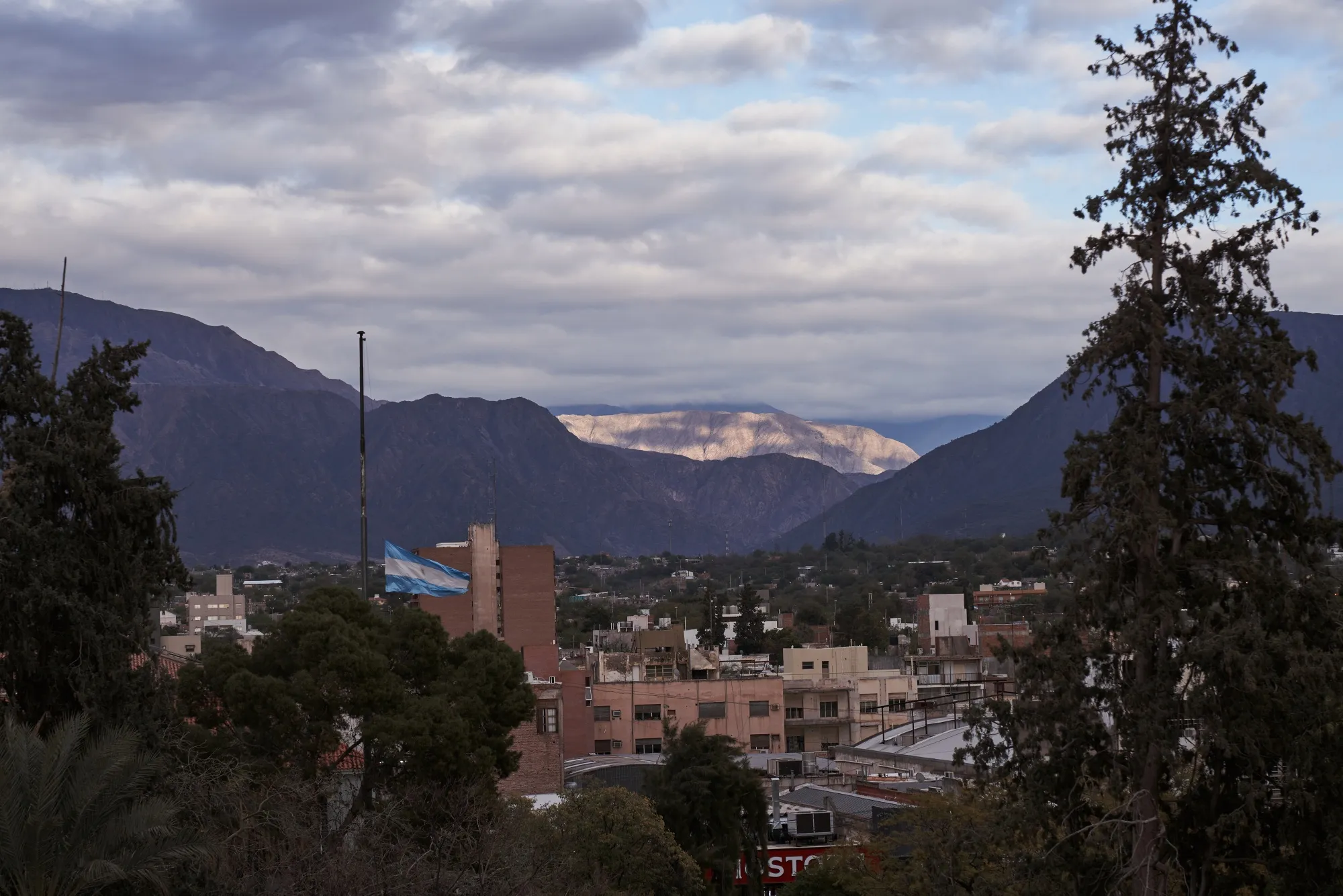 An Argentinian flag flies over the Central Plaza in La Rioja, Argentina.