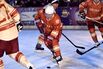 Russian President Vladimir Putin on the ice at a night hockey match in Moscow.