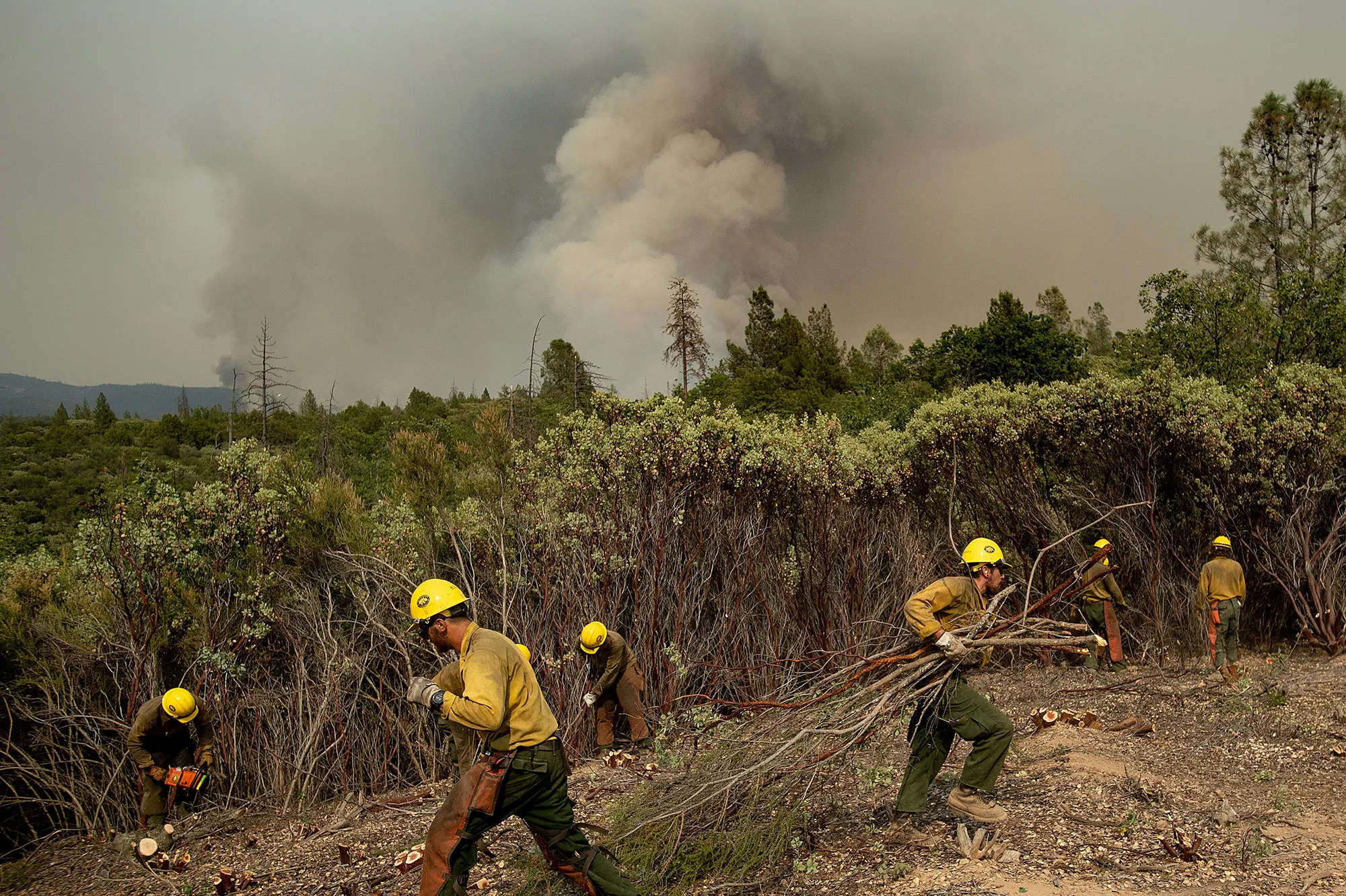 Firefighters from the Big Bear Hotshots create a firebreak as the Ferguson fire approaches in the Stanislaus National Forest, near Yosemite National Park, California, on July 21, 2018.