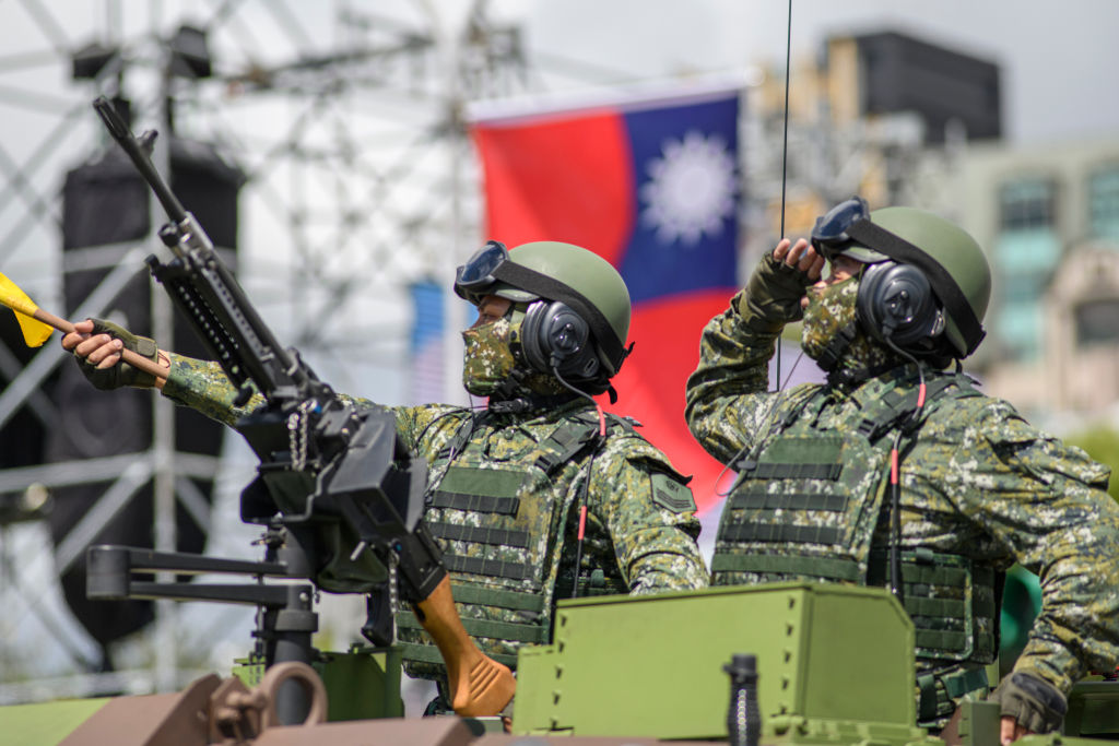 TAIPEI, TAIWAN - 2021/10/10: Armored vehicles from Taiwan military forces parades in front of Taiwan presidential palace on the occasion of the nation's 110 birthday. Due to the increasing military threat from China PRC this year celebration has seen a large display of military defensive equipment. The national day celebration is also known as Double Ten celebration. (Photo by Alberto Buzzola/LightRocket via Getty Images) Photographer: Alberto Buzzola/LightRocket