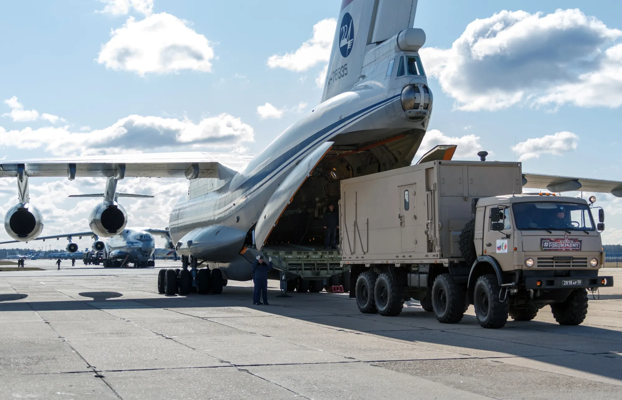 Medical equipment are loaded onto a Russian Aerospace Forces aircraft to be sent to Italy on March 22.