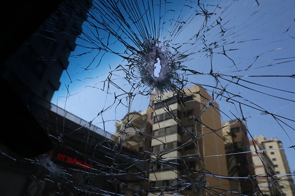 Damage caused by shrapnel following clashes in Beirut, Lebanon, on Oct. 15.