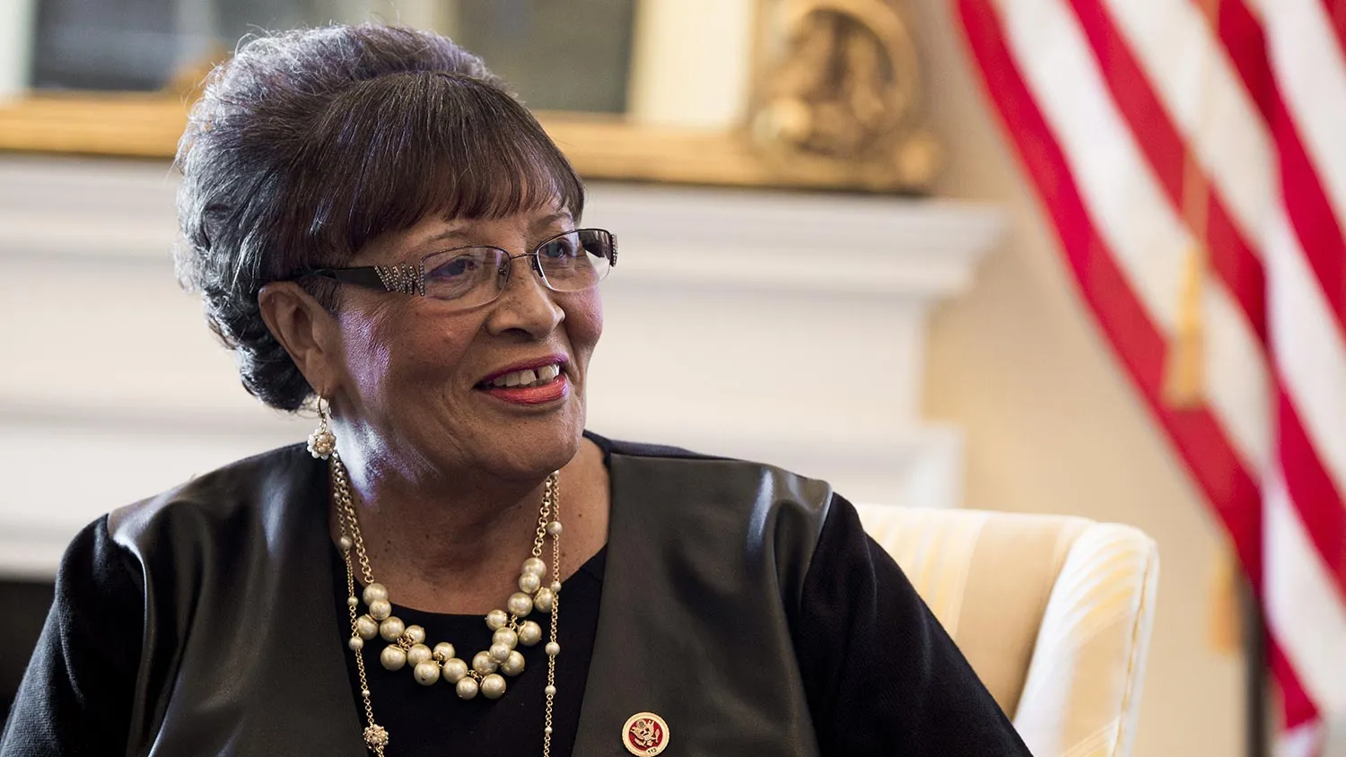 Representative-elect Alma Adams, Democrat of North Carolina, and the 100th woman in the 113th Congress, holds a meeting with Democratic House Leader Nancy Pelosi in Pelosi's office at the US Capitol in Washington, DC, November 12, 2014.

