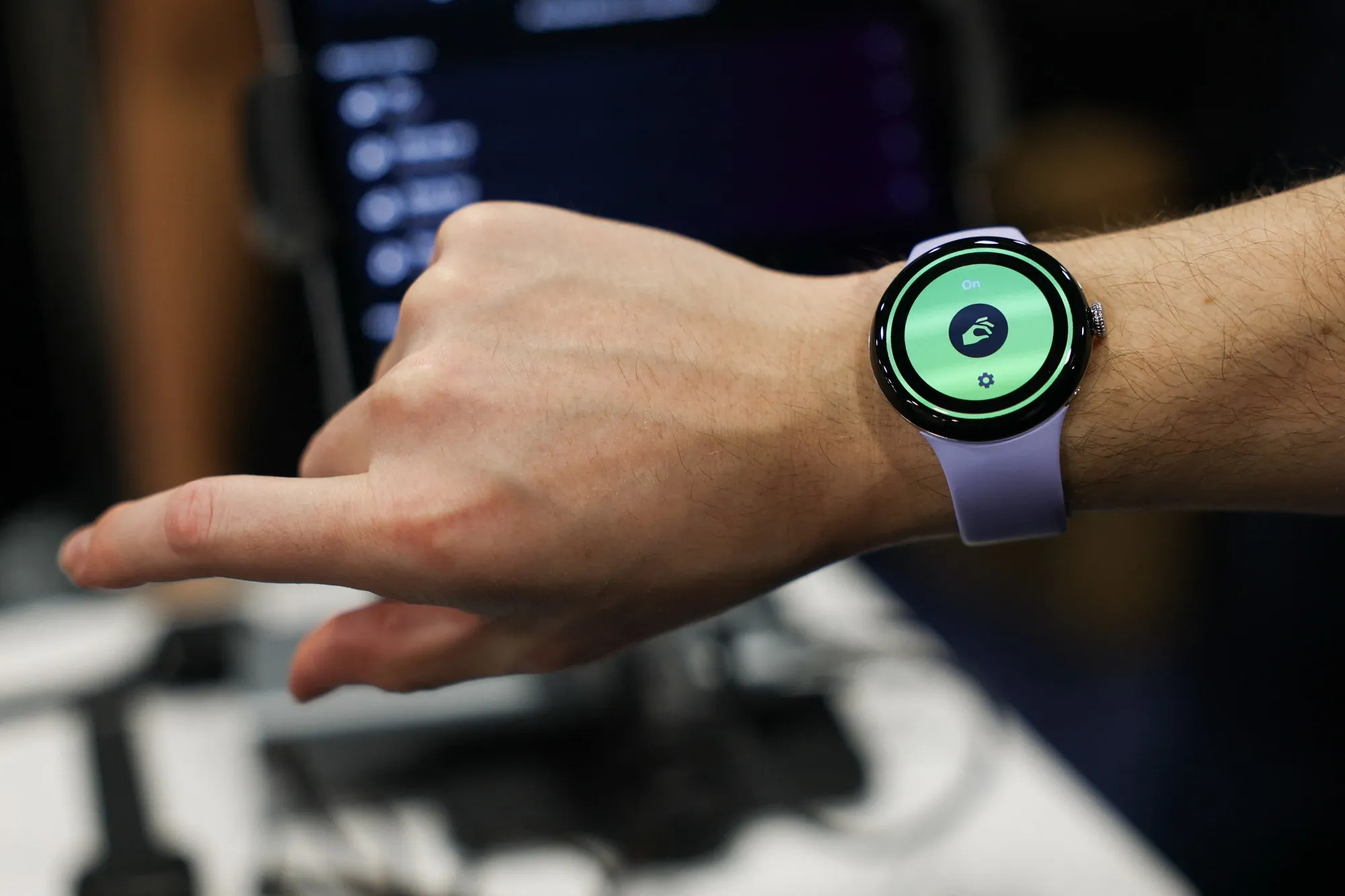 Doublepoint’s gesture control technology for wearables is demonstrated during CES Unveiled&nbsp;in Las Vegas on Jan. 4.