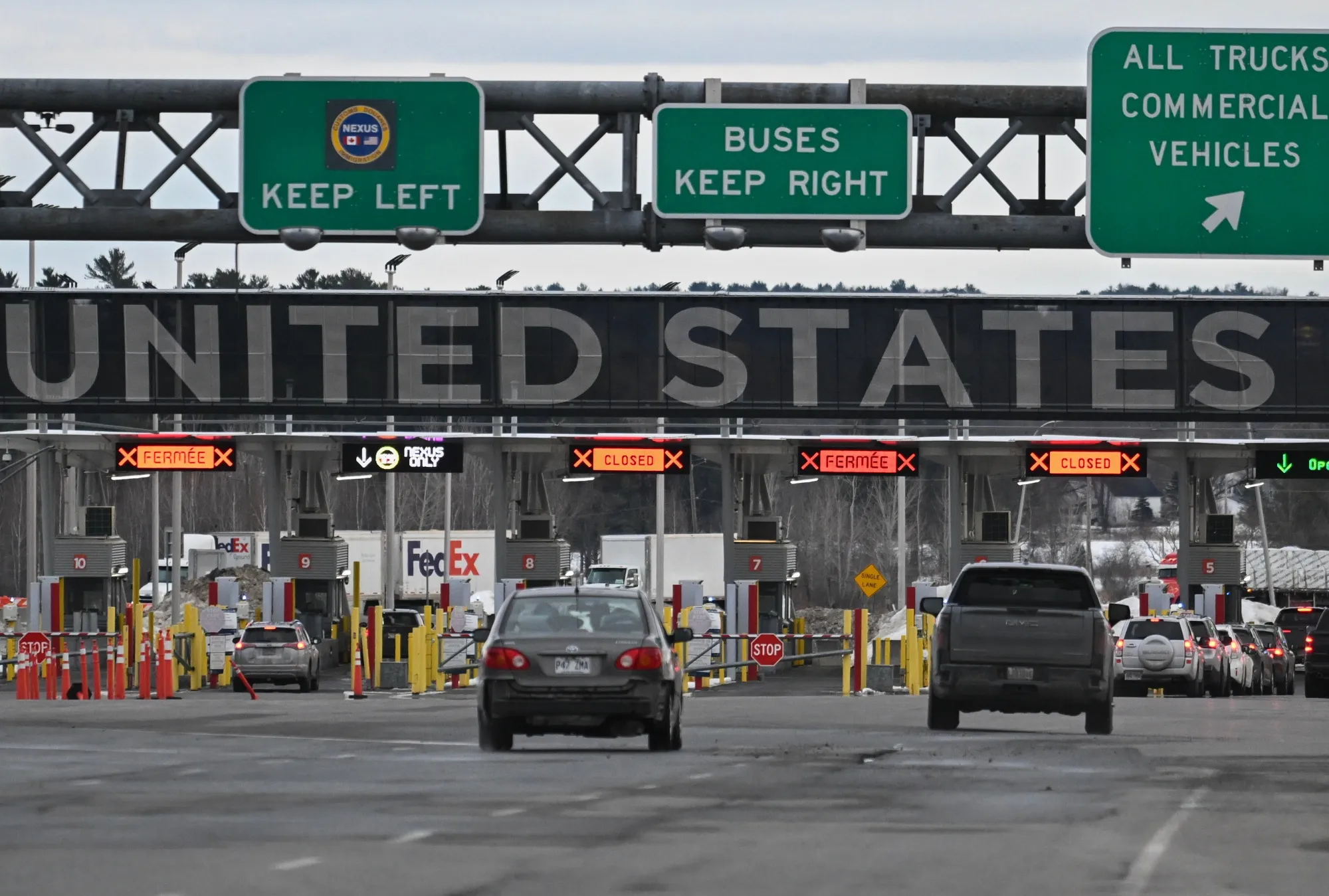 Vehicles in line to cross into the United States at the Canada-US border in St-Bernard-de-Lacolle, Quebec, Canada, in March.