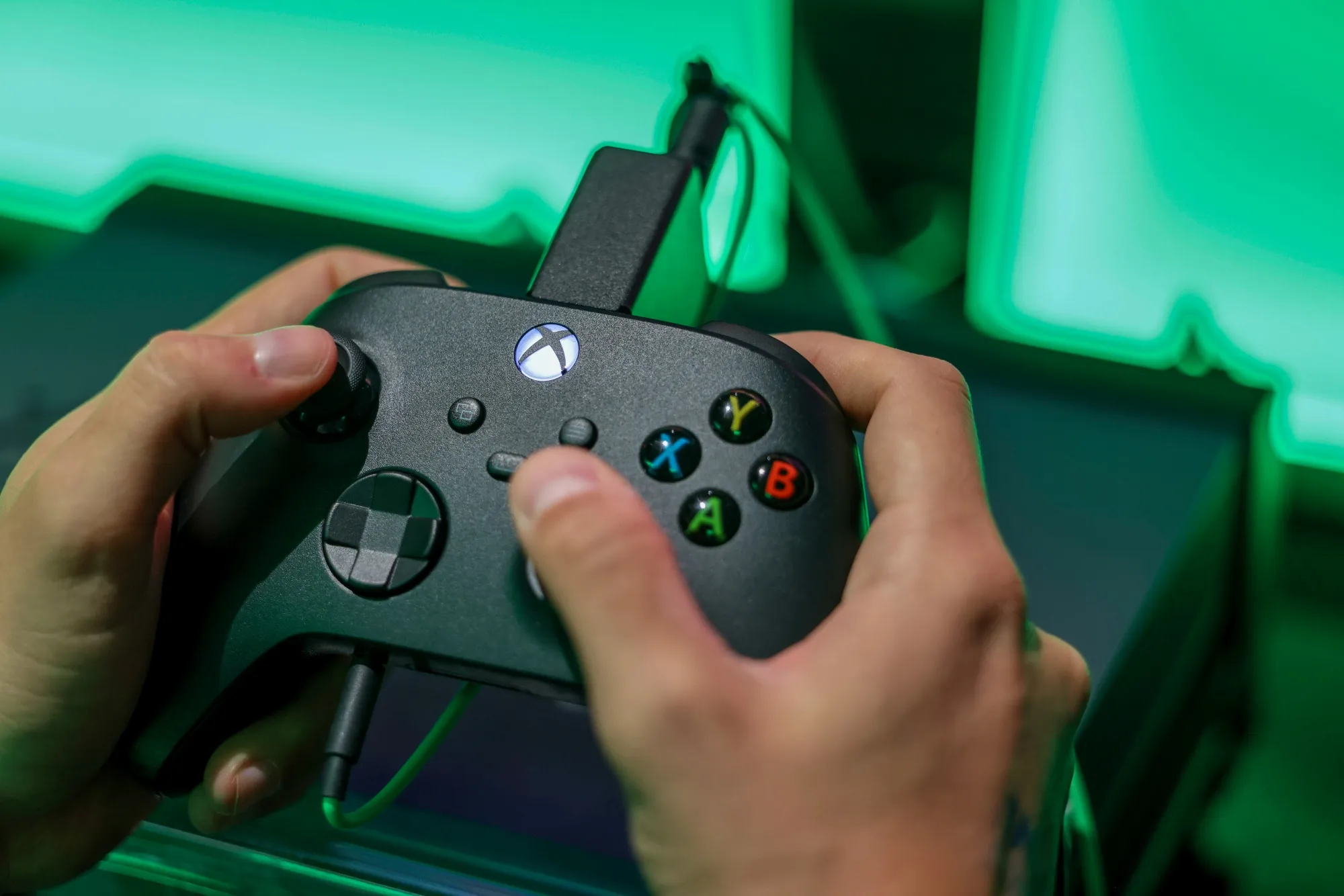 A gamer plays on a game at the Microsoft Corp. XBox.