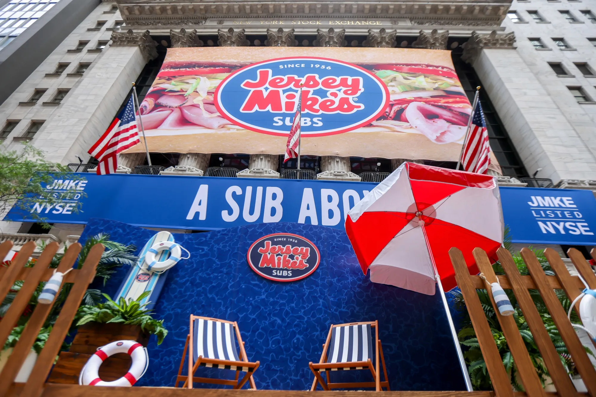 Jersey Mike’s Subs Inc. signage during the company’s initial public offering ceremony at the New York Stock Exchange on July 30.