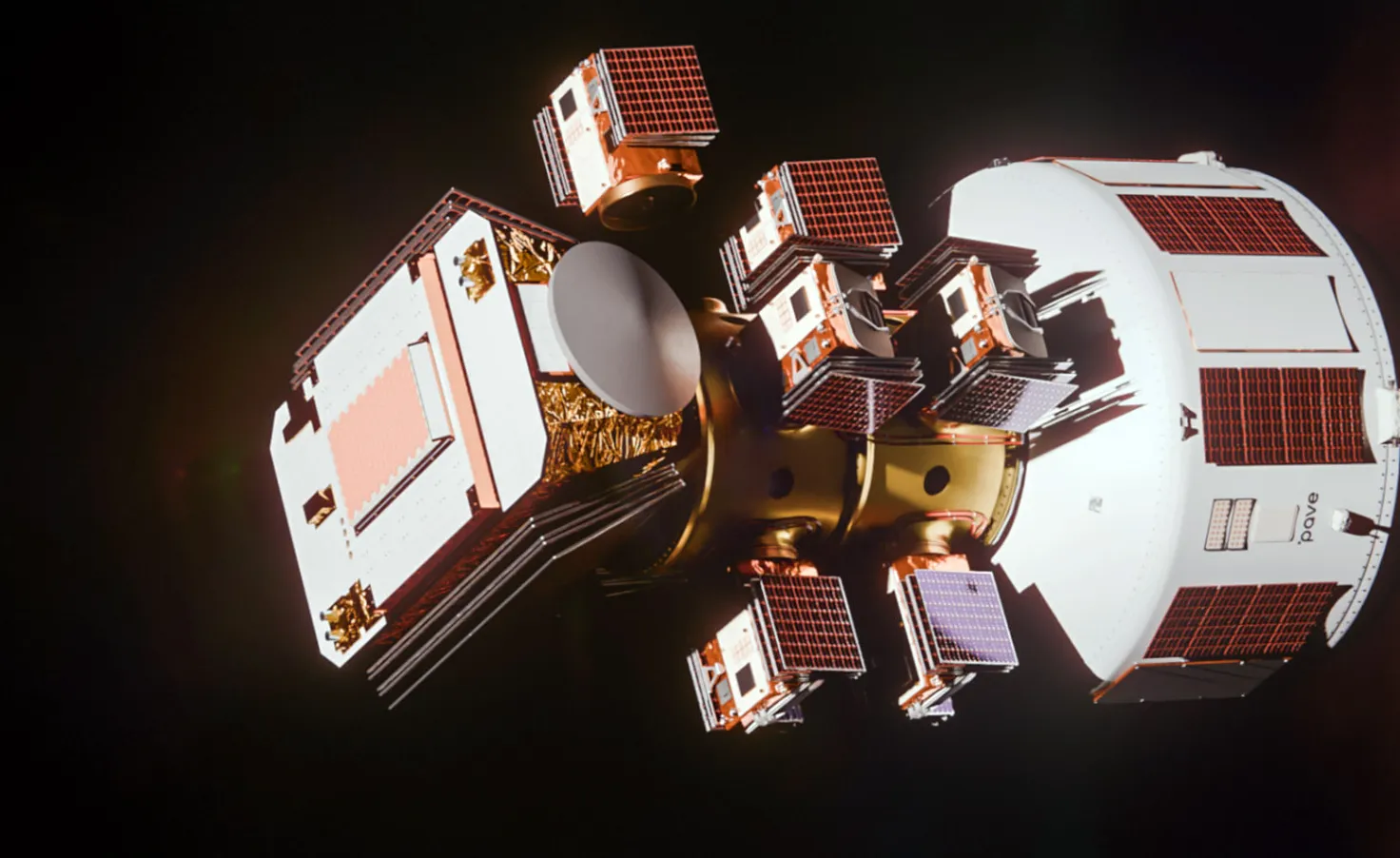 A rendering of a Pave Space propulsion system attached to a satellite payload.