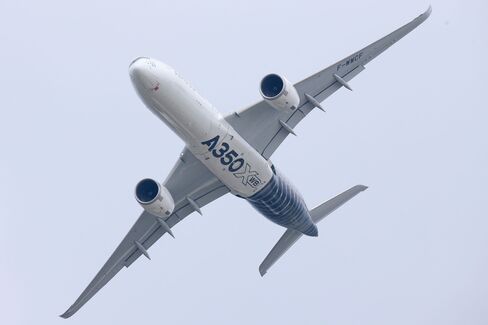 An Airbus A350 XWB aircraft performs a flying display on the opening day of the 51st International Paris Air Show.