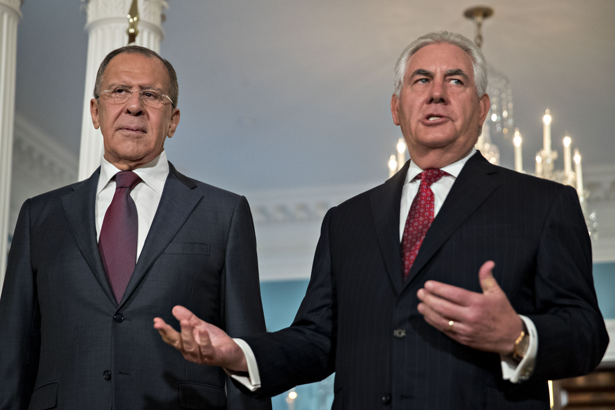 Sergei Lavrov, Russia's foreign minister, left, listens as Rex Tillerson, U.S. Secretary of State, speaks during a photo opportunity at the U.S Department of State in Washington, D.C., on&nbsp;May 10, 2017.&nbsp;
