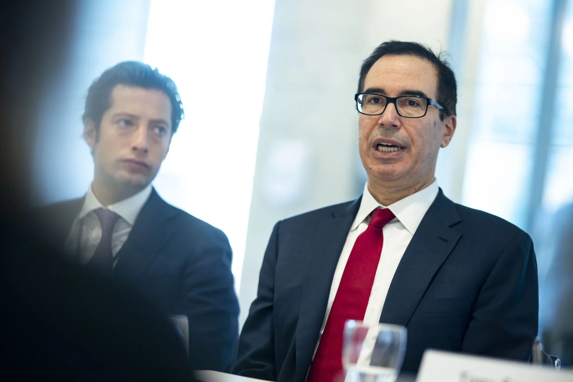 Steven Mnuchin,&nbsp;right, speaks&nbsp;during an interview in Washington, D.C., on&nbsp;Dec. 18.&nbsp;