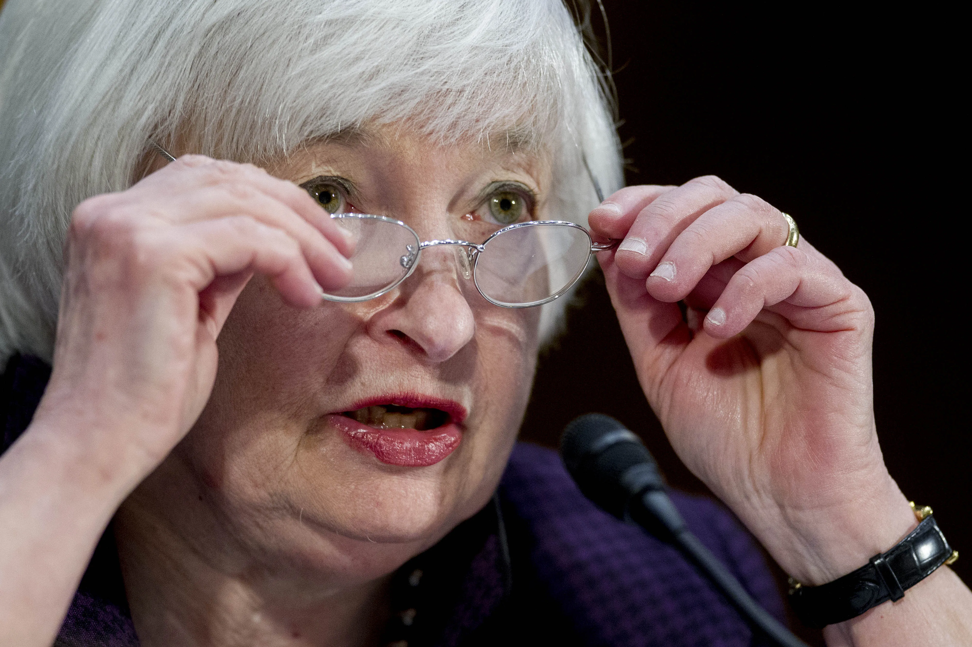 Janet Yellen, chair of the U.S. Federal Reserve, during a Senate Banking Committee hearing in Washington on Tuesday, Feb. 24, 2015.
