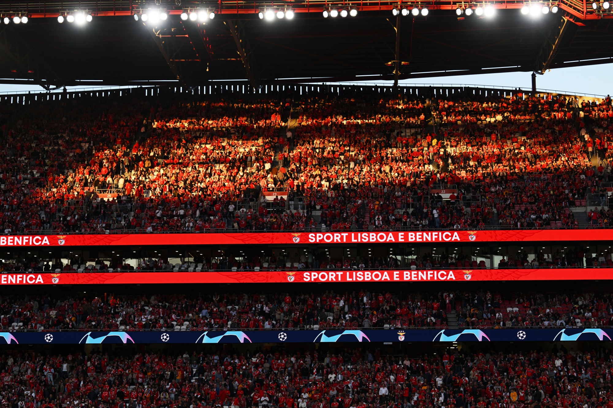 Fans of SL Benfica during the UEFA Champions League quarterfinal first leg match between SL Benfica and FC Internazionale at Estadio do Sport Lisboa e Benfica on April 11, 2023 in Lisbon, Portugal.