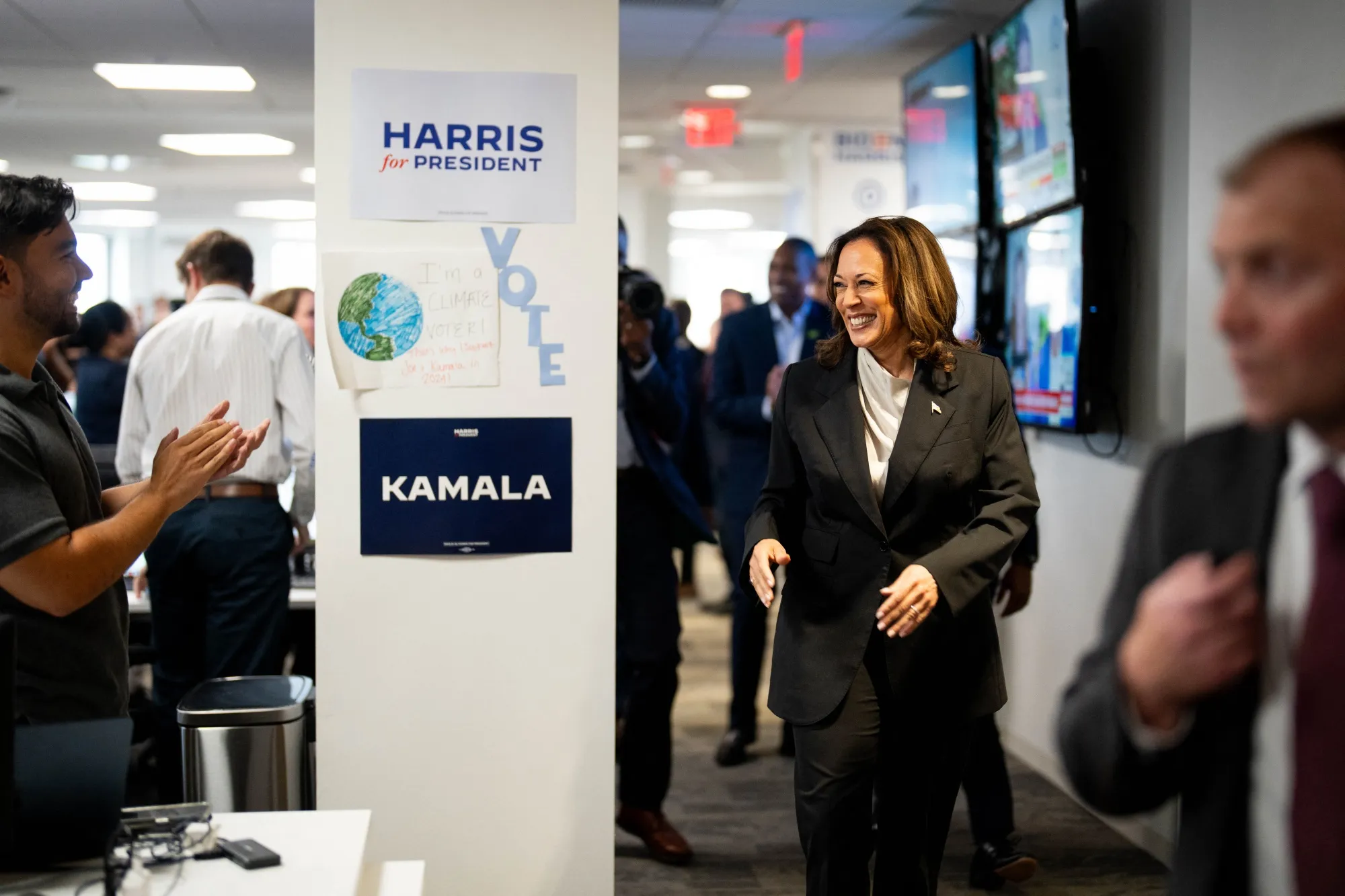 Kamala Harris greets staff at campaign headquarters in Wilmington, Delaware on July 22.