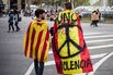 Demonstrators in Barcelona protest police actions against Catalonia’s Oct. 1 referendum on independence, two days after the vote.