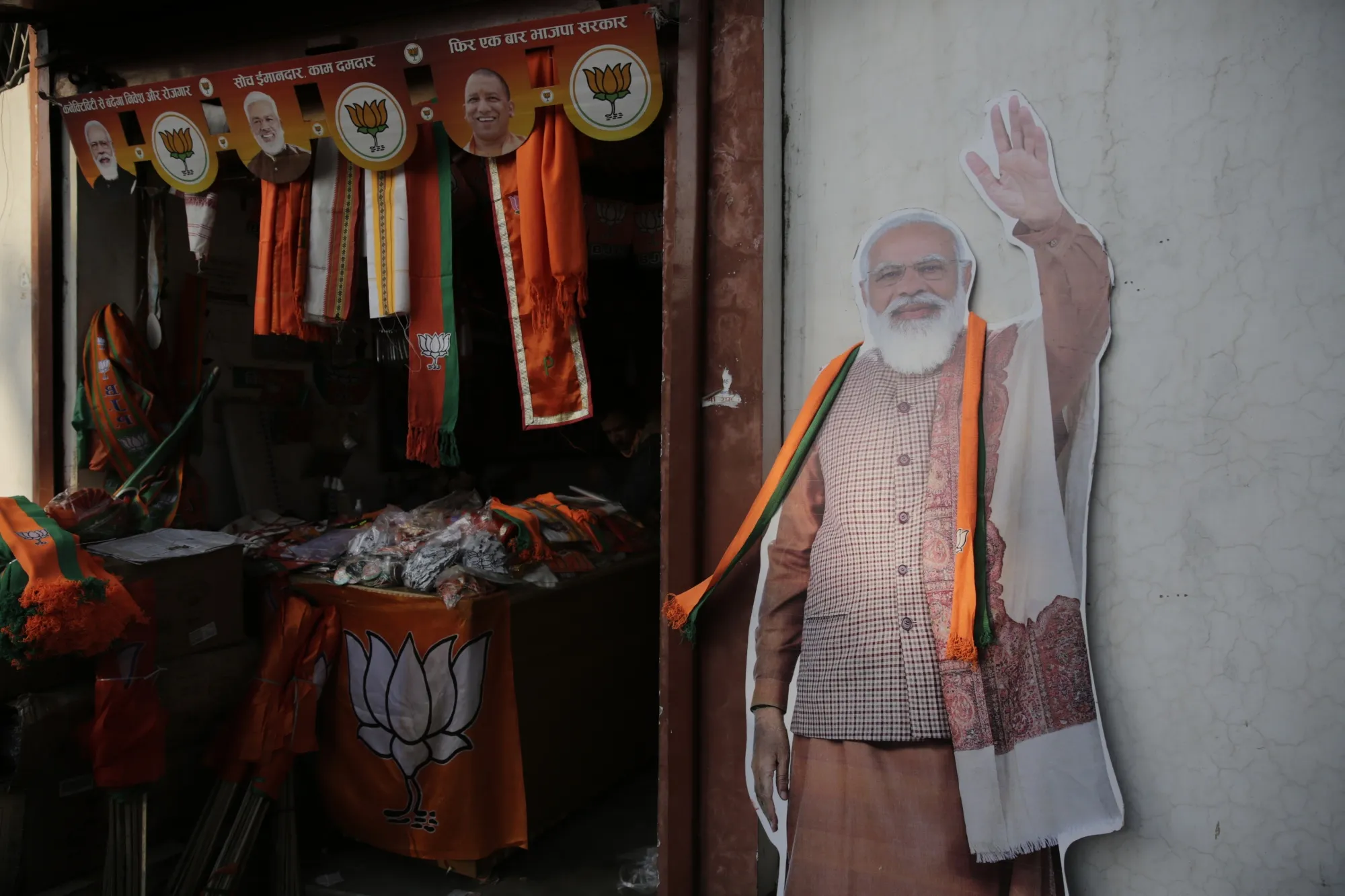 A cardboard cut-out of Narendra Modi outside the Bharatiya Janata Party office in Lucknow, Uttar Pradesh, in February. 