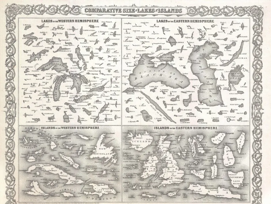As this comparison of lakes and islands from 1855 shows, the Great Lakes combined are roughly the size of the United Kingdom.