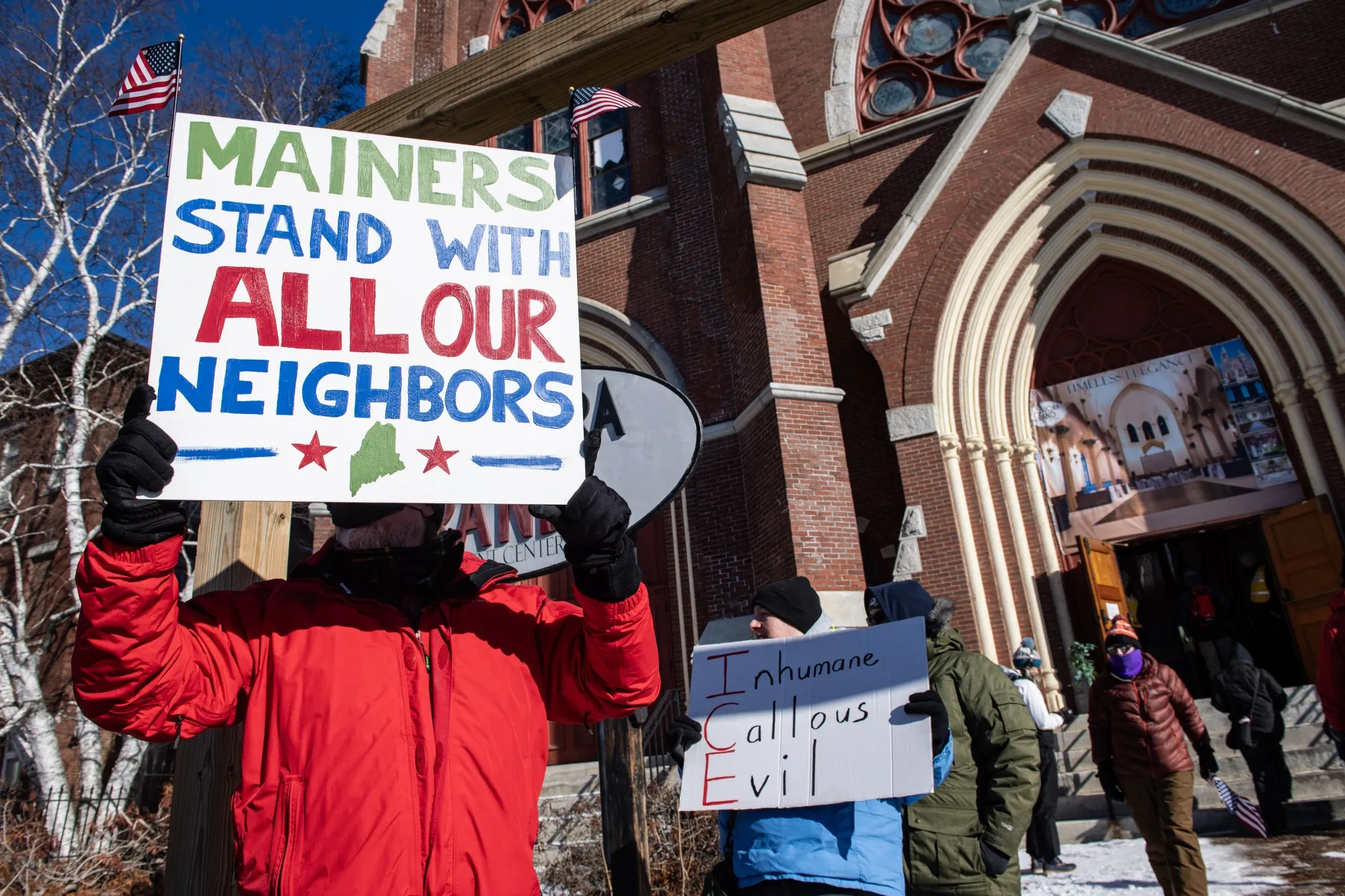 Demonstrators attend an anti-ICE rally in Lewiston, Maine on Jan. 24.&nbsp;