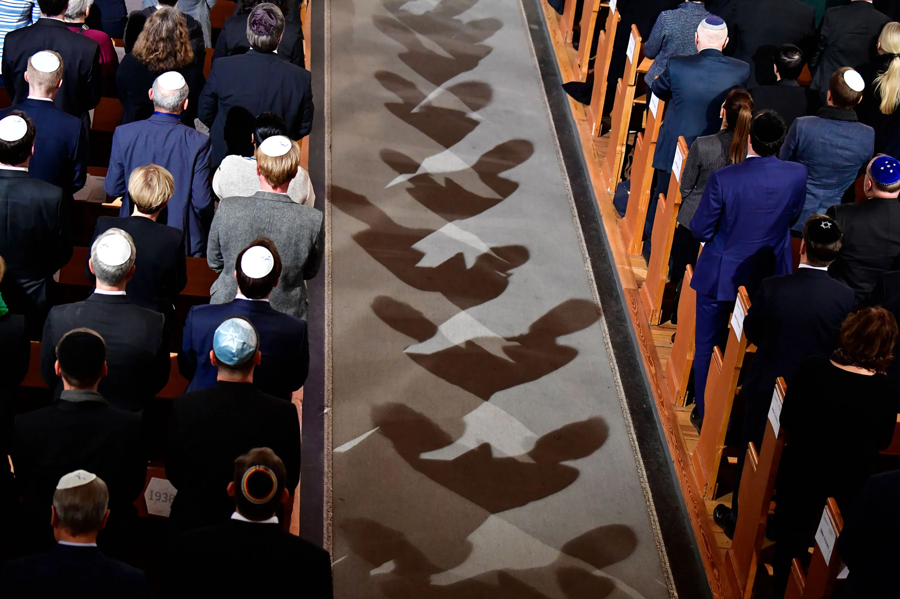 Men wear&nbsp;Jewish kippa skullcaps&nbsp;at a synagogue&nbsp;in Germany.&nbsp;