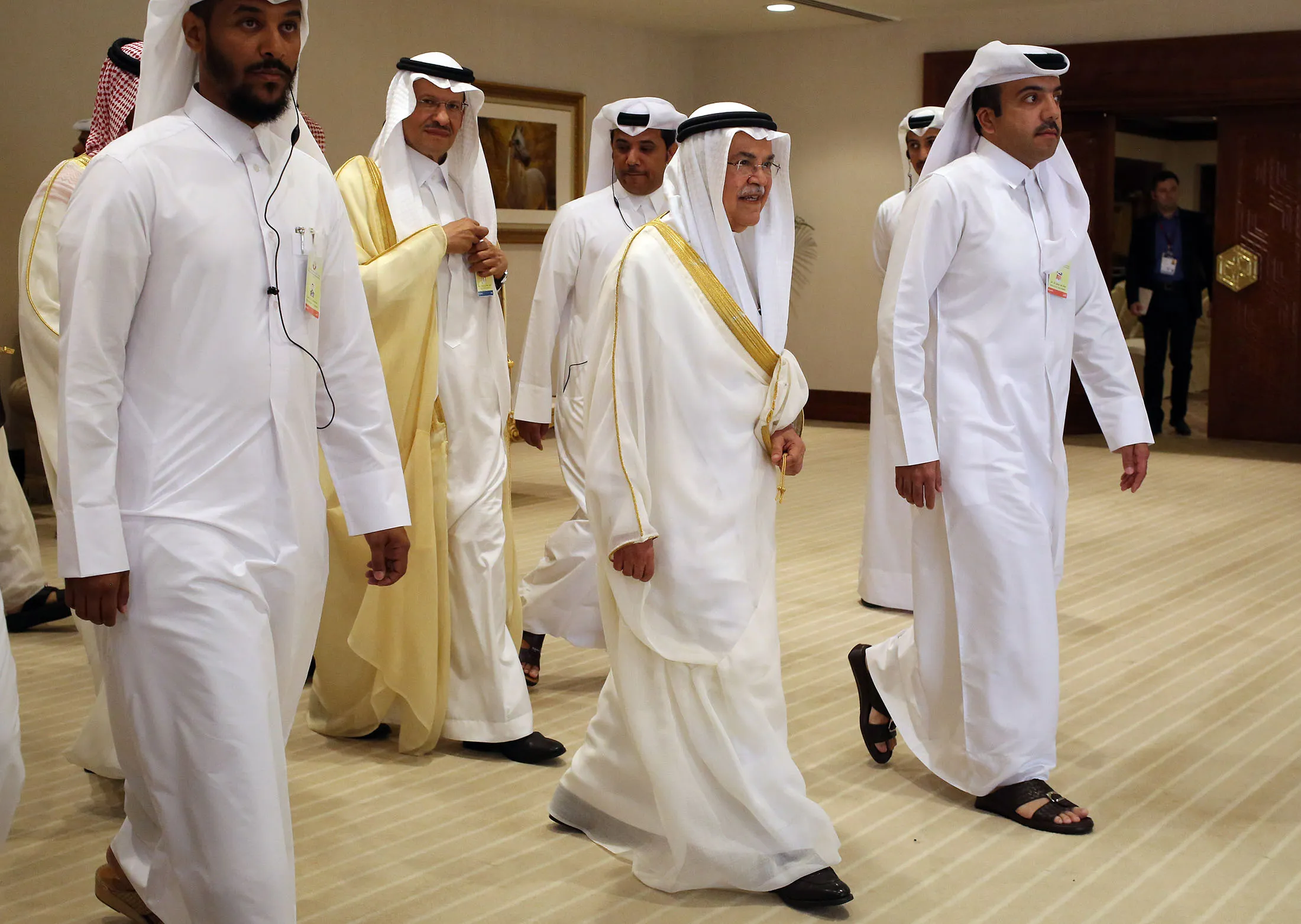 Saudi Oil Minister Ali al-Naimi, center right, arrives for meetings on April 17.
