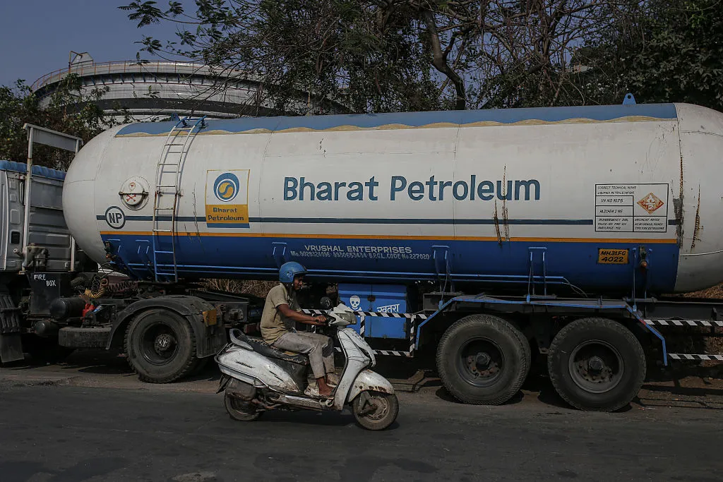 A Bharat Petroleum Corp. oil tanker truck outside an oil refinery operated by Hindustan Petroleum Corp., in Mumbai.
