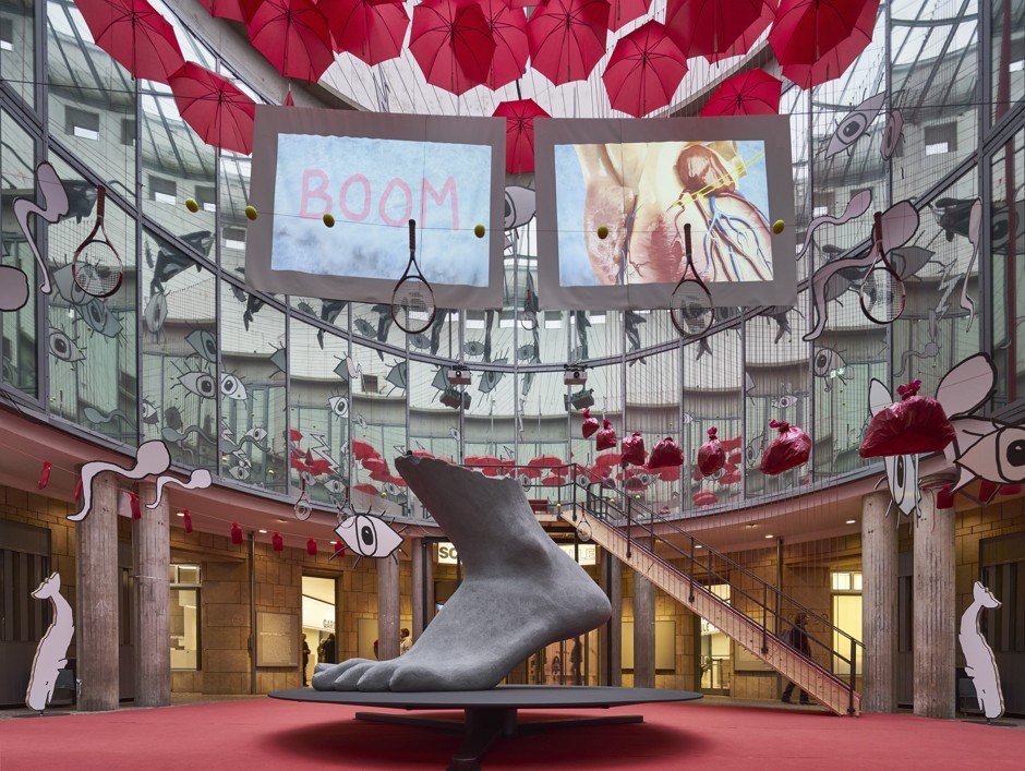 EAT HERE, by Heather Phillipson, on installation view at Schirn Kunsthalle in Frankfurt. Phillipson will be filling Gloucester’s more than 200-foot platform with a multimedia project that incorporates video screens, fiberglass, and a giant automated whisk. 