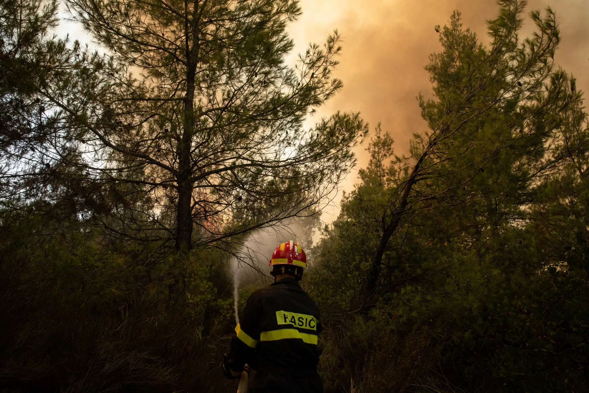 A firefighter from the Slovak fire service works to extinguish a wildfire in Greece.