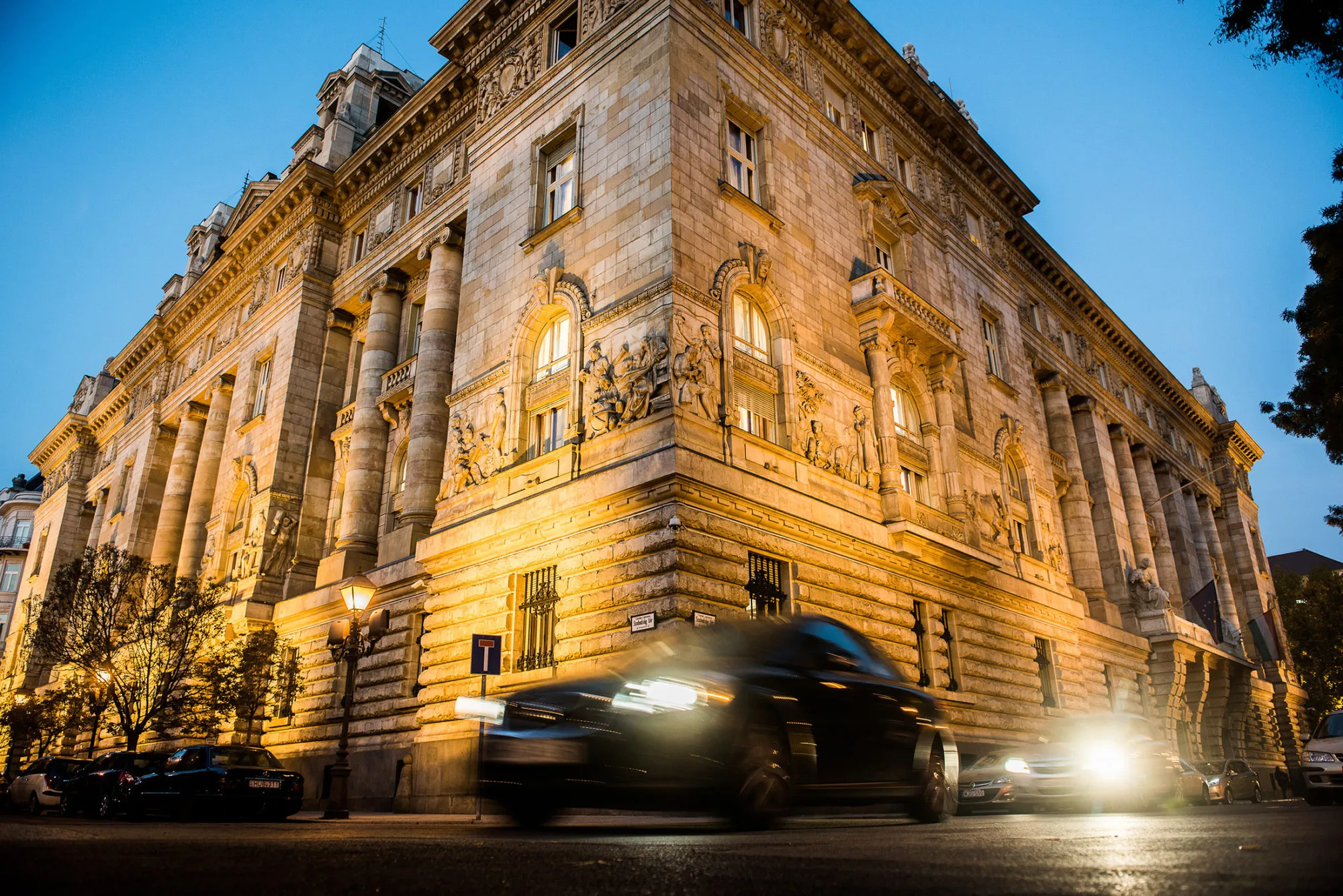 Traffic drives past the Hungarian central bank in Budapest.
