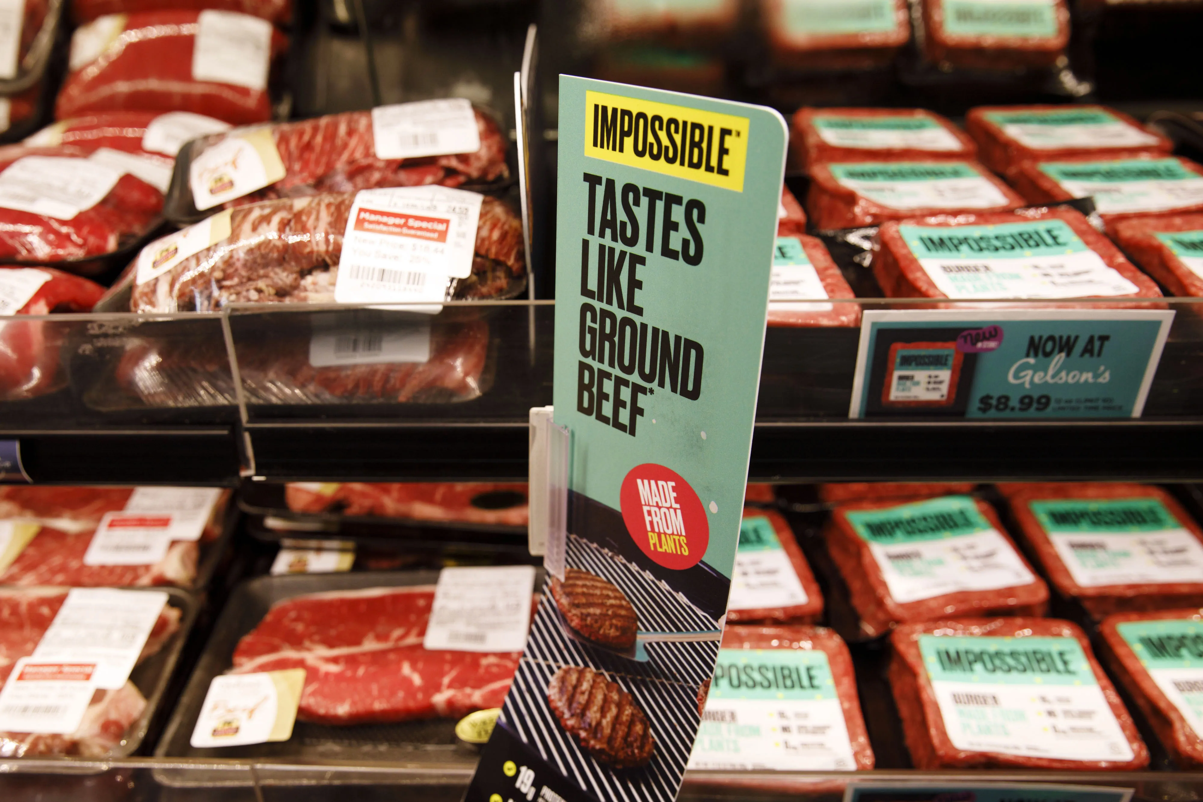 Impossible Foods Inc. signage is displayed during the company's grocery store product launch in Los Angeles, California, U.S.