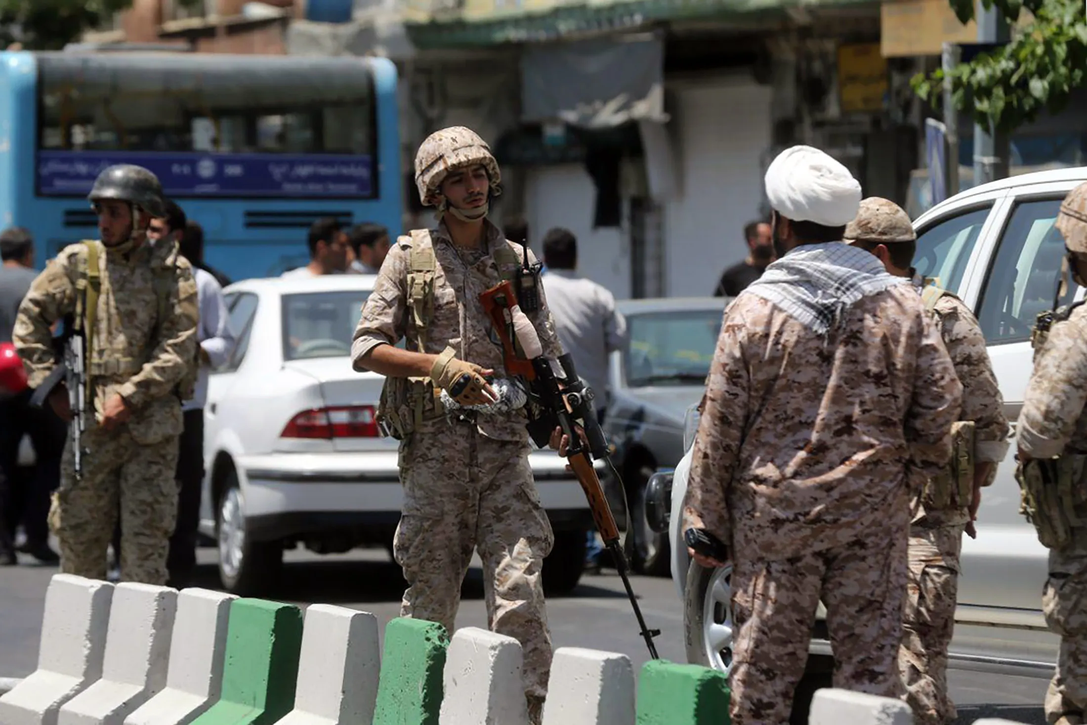 Members of the Iranian Revolutionary Guard in Tehran on June 7, 2017.&nbsp;