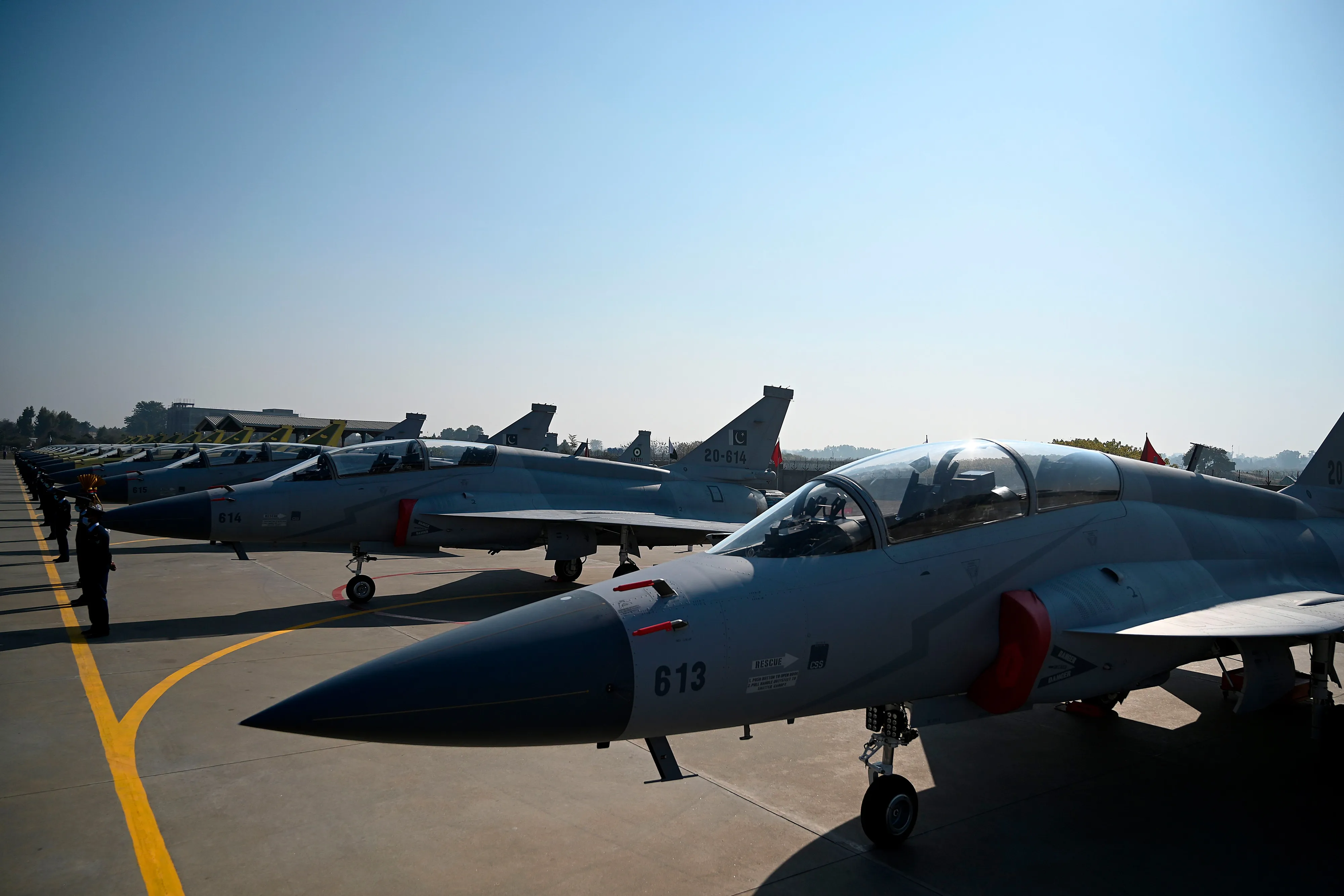 Dual-seat JF-17B jets at the Pakistan Aeronautical Complex in Kamra, Pakistan.