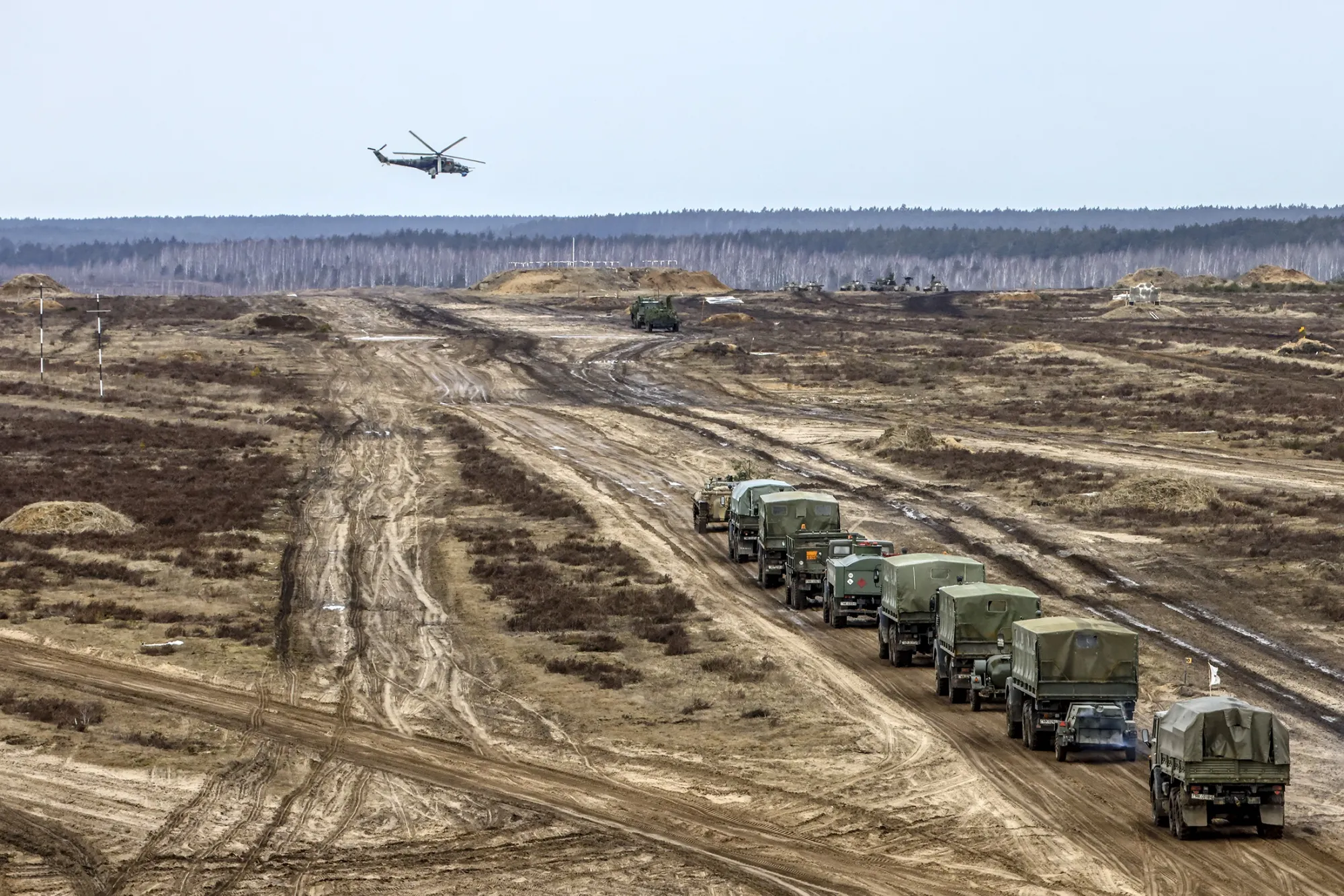 Military vehicles during the Allied Resolve 2022 joint military drills held by Belarusian and Russian troops at the Obuz-Lesnovsky training ground in Belarus, on Feb. 19.