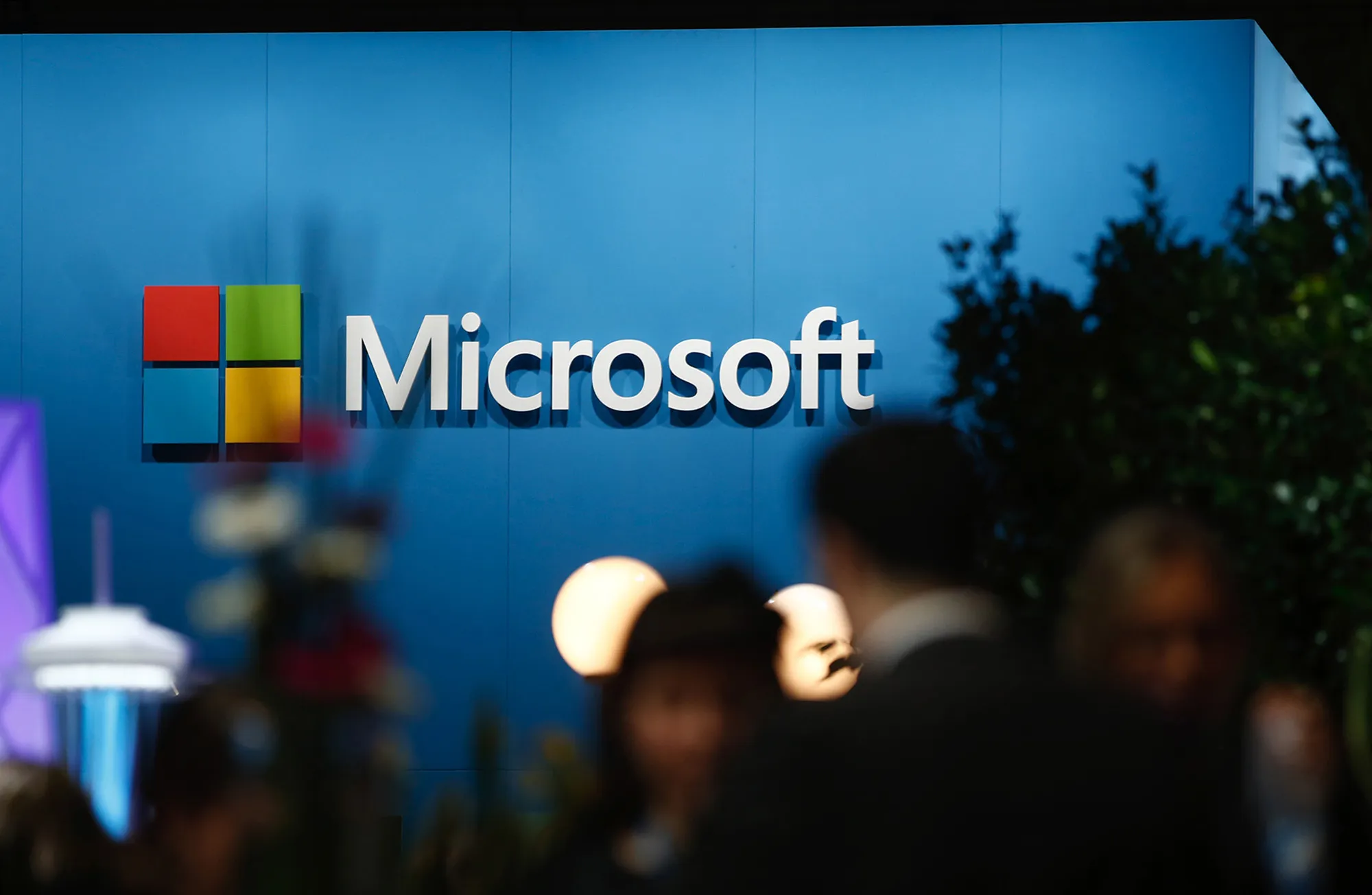 A logo sits on display outside the Microsoft Corp. pavilion at the Mobile World Congress in Barcelona.