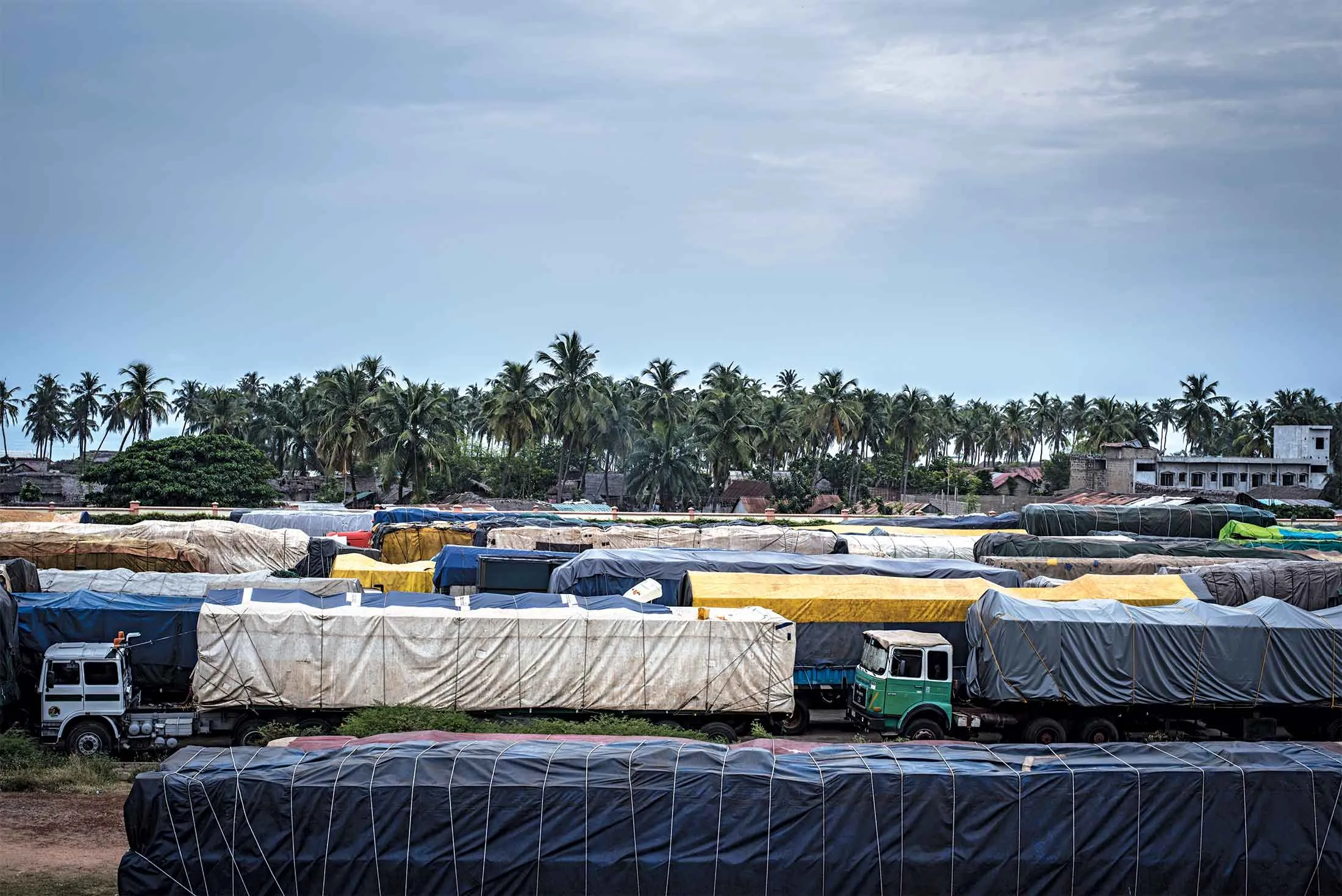 Trucks bound for Nigeria at the border in Benin.