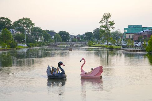 Swan pedal boats in one of two man-made lakes in Asbury Park.