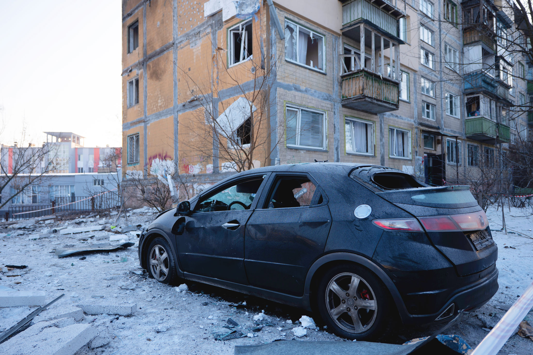 A damaged building following a Russian attack, in Kyiv, on Feb. 3. Photographer: Dan Bashakov/AP Photo