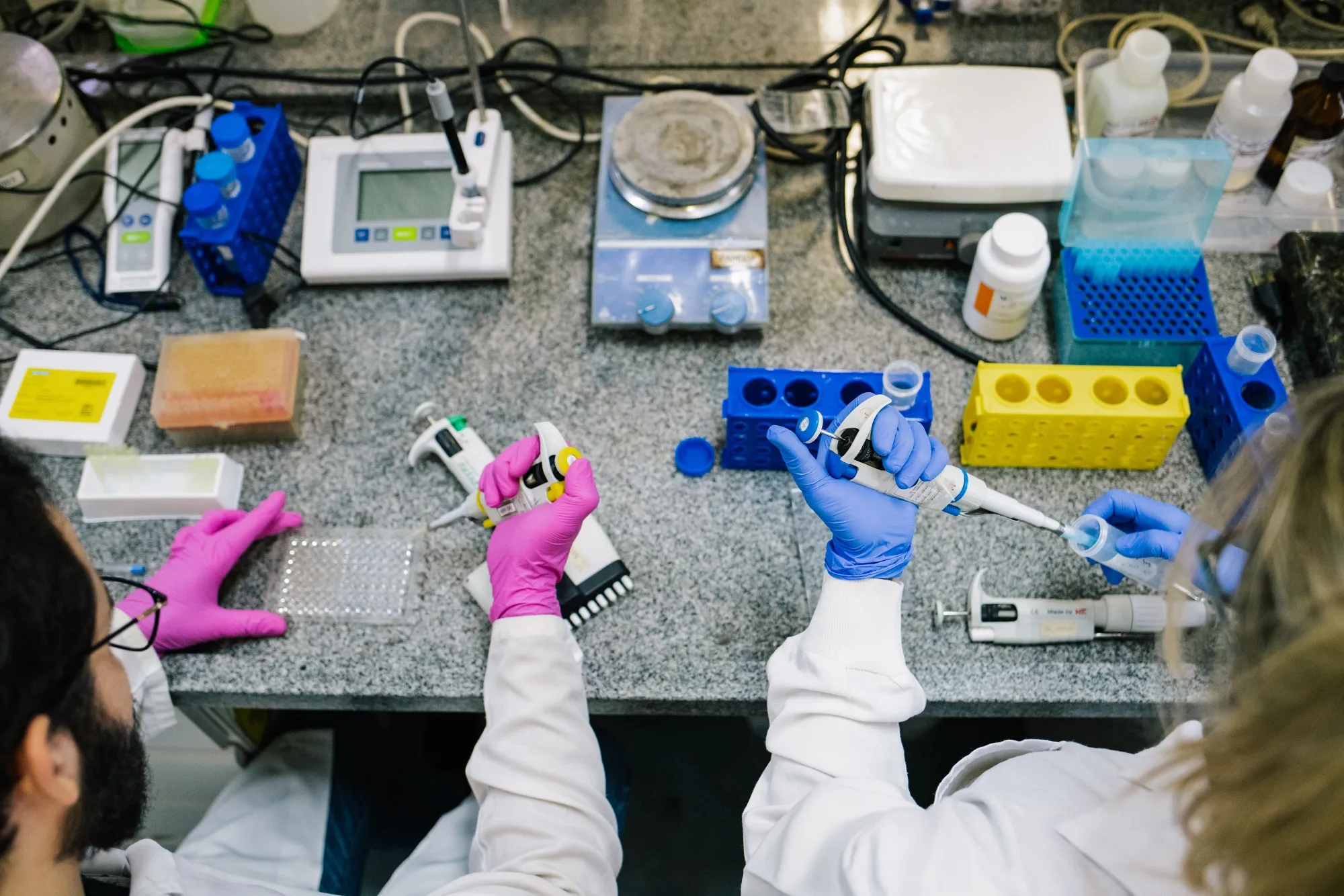 Researchers quantify structural proteins that will be used to develop a rapid test for Covid-19 at a lab in Rio de Janeiro on April 6.