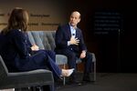 Marc Lipschultz, co-chief executive officer of Blue Owl Capital, right, speaks during the Bloomberg Invest event in New York, US, on Tuesday, March 4, 2025. The conference invites leaders in asset management, banking, wealth, and private markets to track, dissect, and predict the future's greatest changes, risks and opportunities.