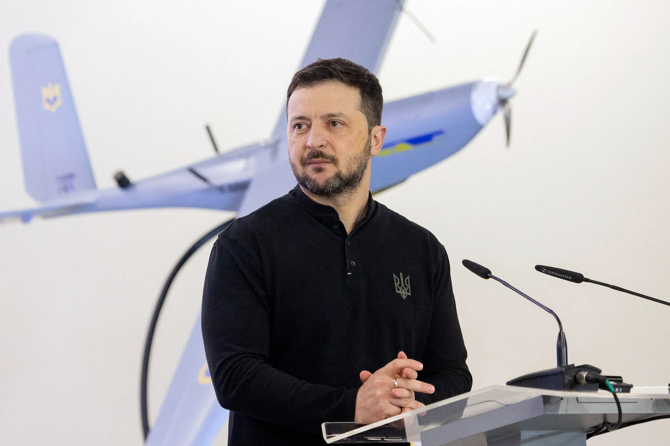 Volodymyr Zelenskiy during a presentation of Ukrainian drones, in Kyiv, in January 2025.