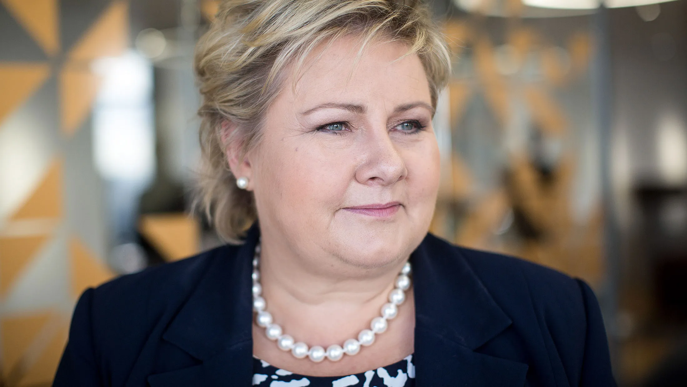 Erna Solberg, Norway's prime minister, poses for a photograph following a Bloomberg Television interview in London on Oct. 14, 2015.

