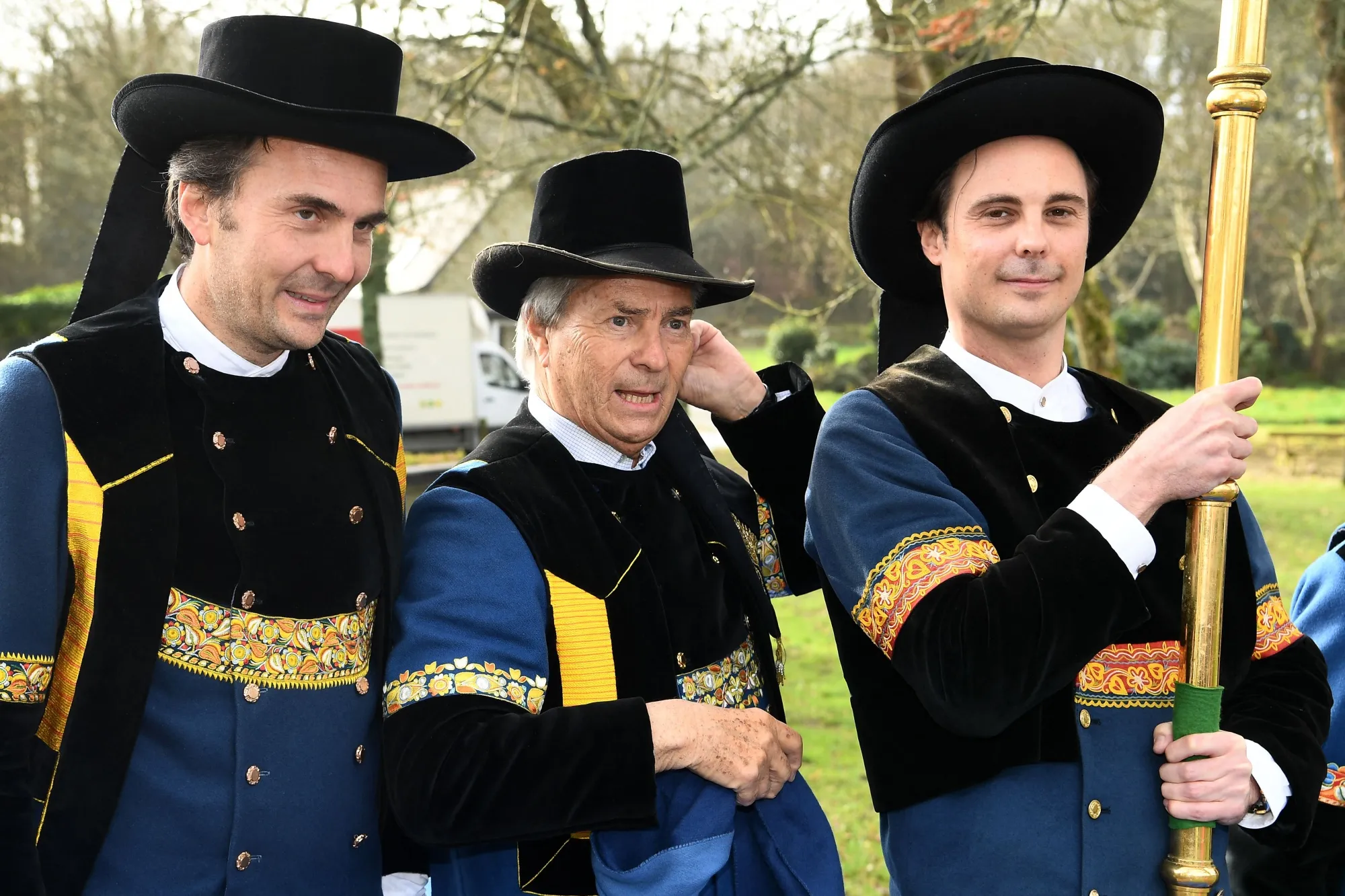 Vincent Bolloré, center, with his sons, Cyrille, right, and Yannick at the Kerdevot chapel in Ergué-Gabéric, in&nbsp;February, 2022.