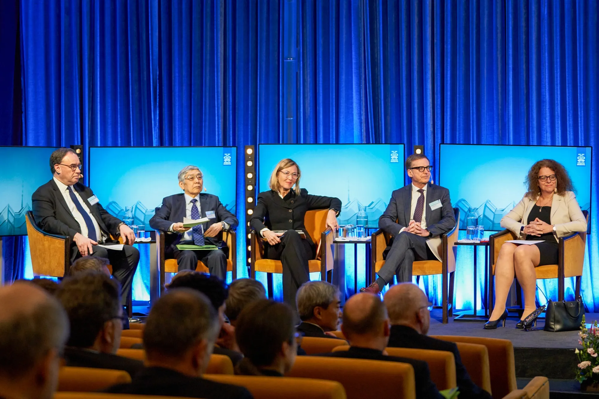 Isabel Schnabel, right, on the panel at a Riksbank conference in Stockholm, on Jan. 10.